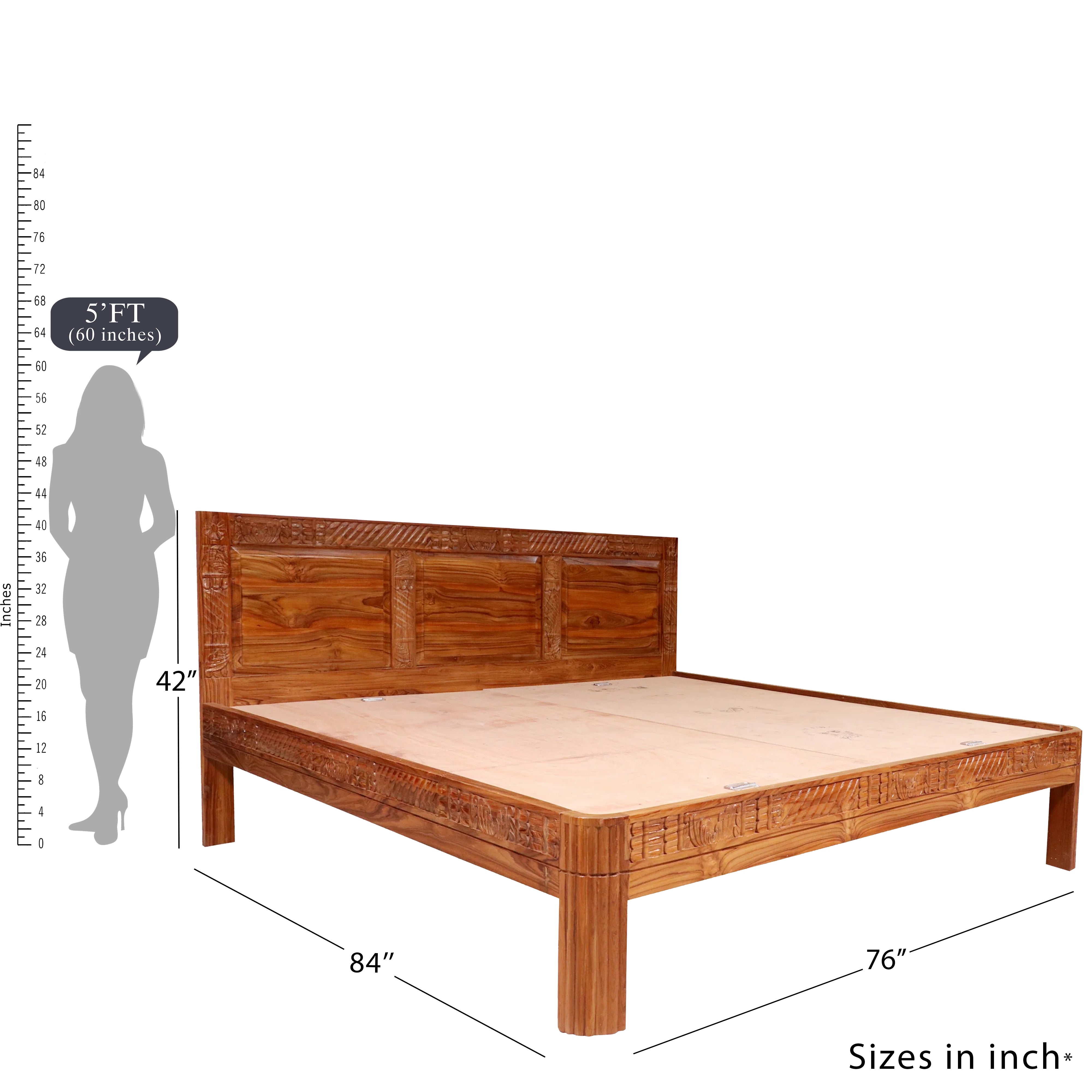 Teak wood carved Folk Concept compact Bed (Teak wood ) Bed