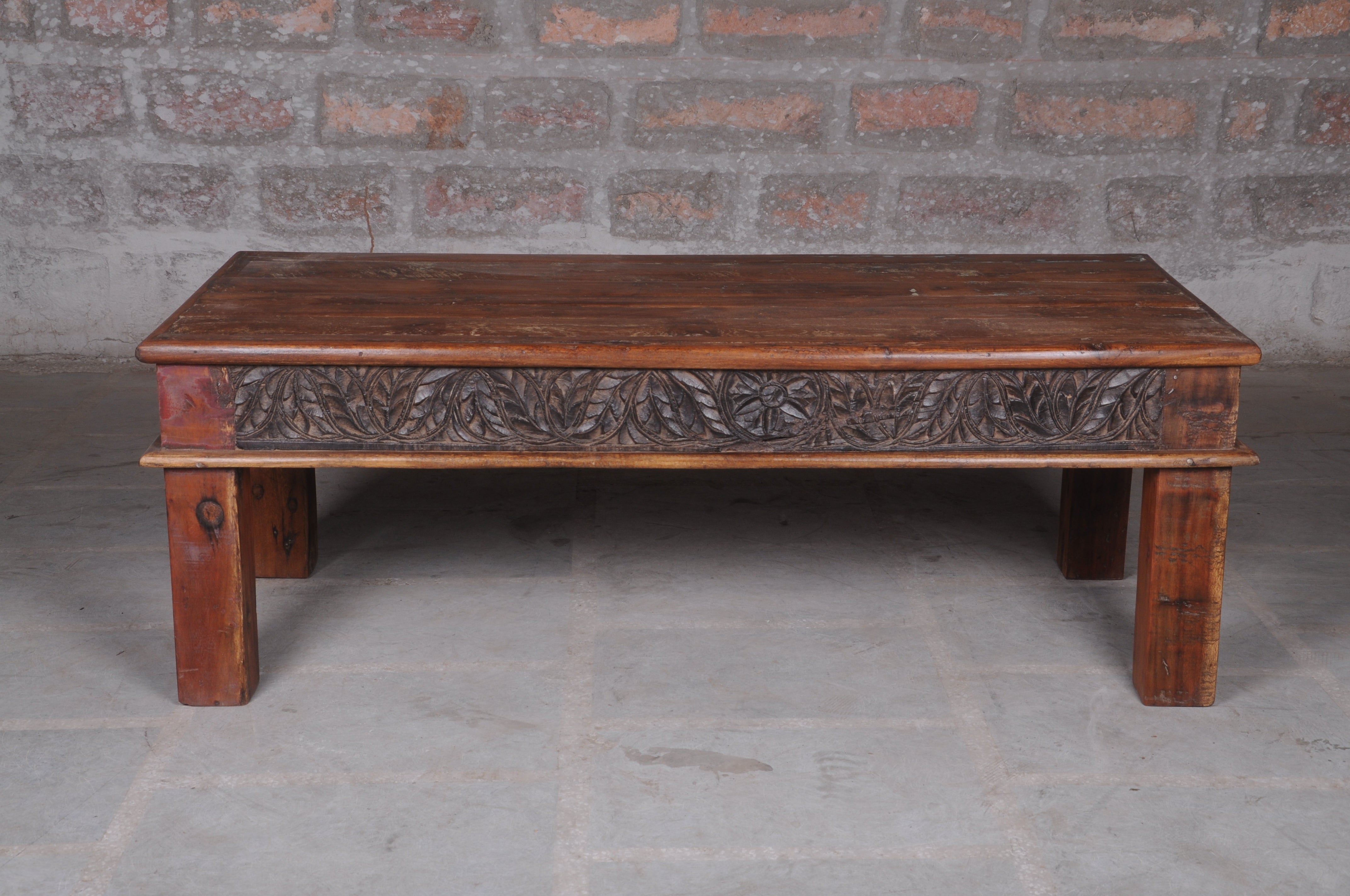 Belgium Themed Dark Polished Handmade Short Legs Wooden Coffee Table Coffee Table