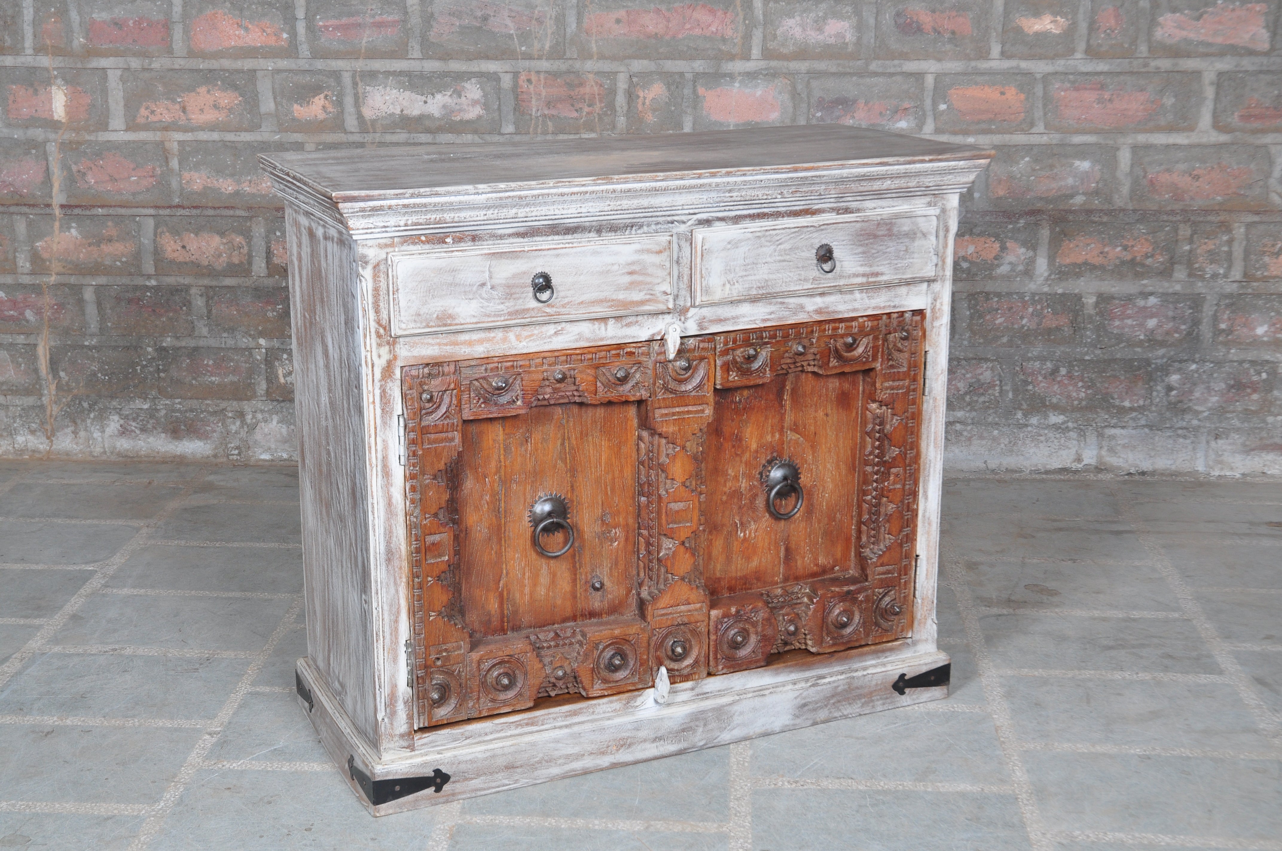 Ethnic Double Drawer White Distressed Handmade Wooden Side Board for Home Cupboard