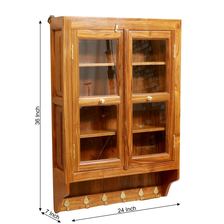 24 x 7 x 36 Inch Glass and Teak Wooden Wall Cabinet Wall Cabinet