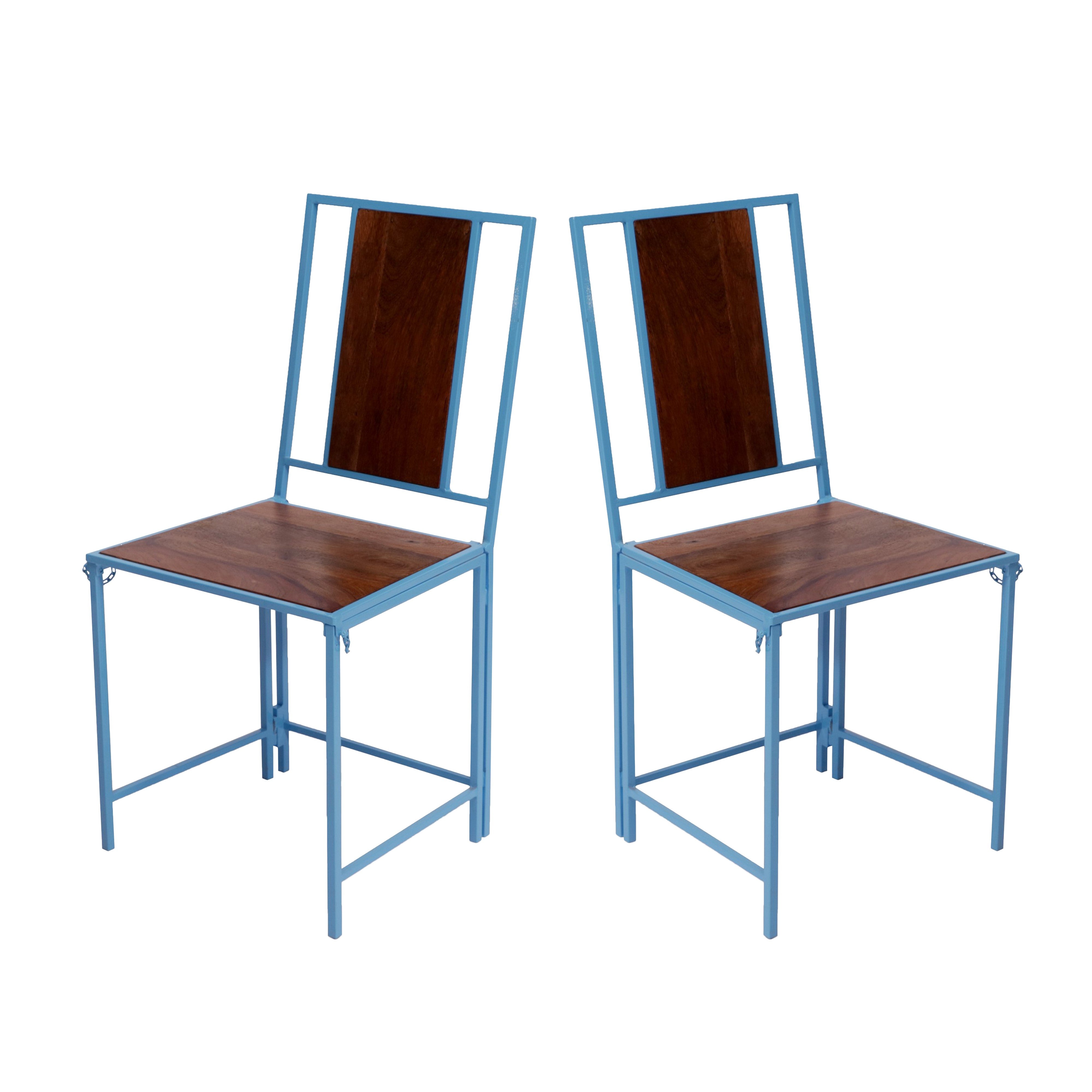 (Set of 2) Blue Wooden Metallic Dinning Folding Chair Dining Chair