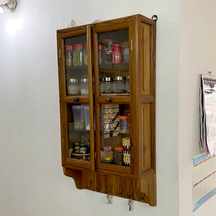 24 x 7 x 36 Inch Glass and Teak Wooden Wall Cabinet Wall Cabinet