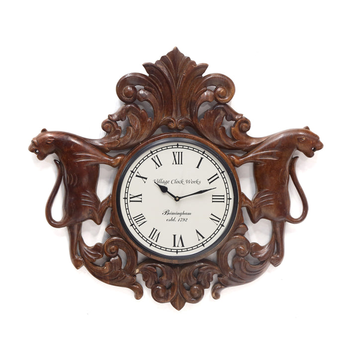 Vintage Dark Handcarved Lion Finished Wooden Clock Clock