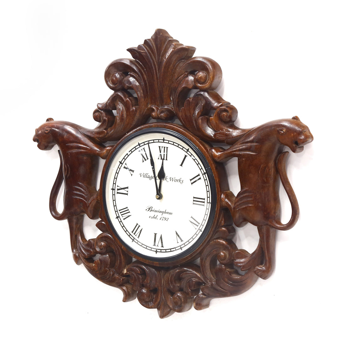 Vintage Dark Handcarved Lion Finished Wooden Clock Clock