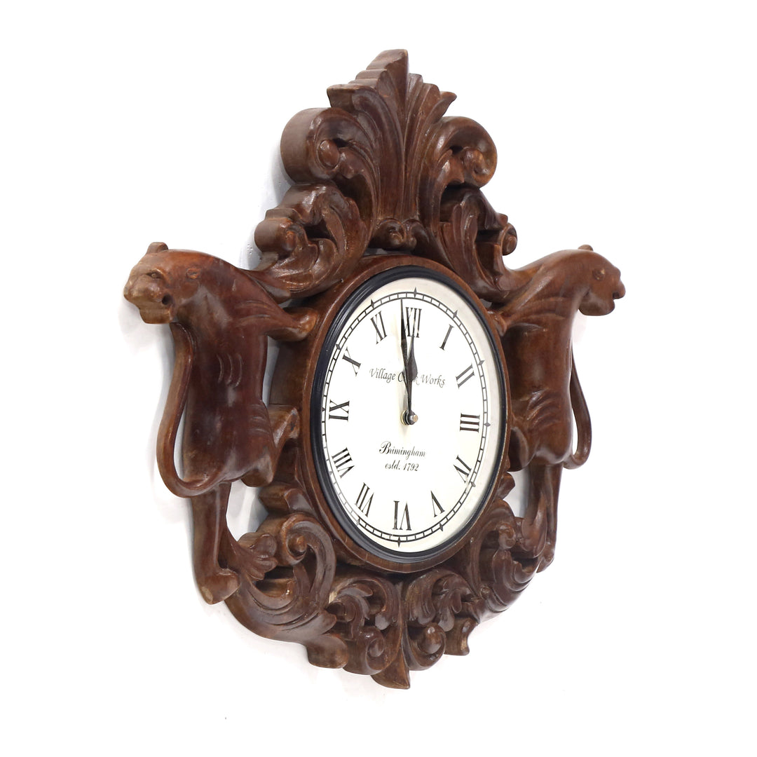 Vintage Dark Handcarved Lion Finished Wooden Clock Clock