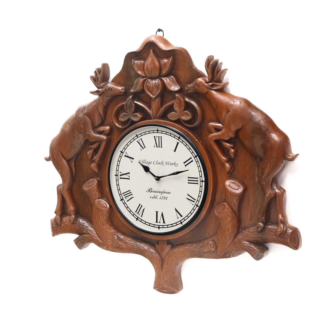 Natural Light Brown Wooden Handcarved Deer Clock Clock