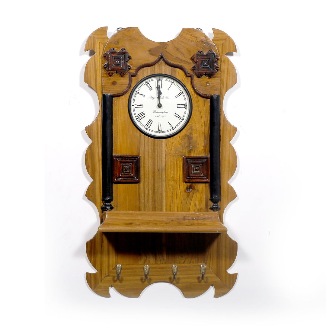 Classic Natural Finished Wooden Clock and Keyholder Clock