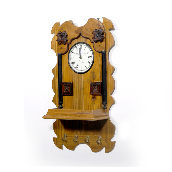 Classic Natural Finished Wooden Clock and Keyholder Clock