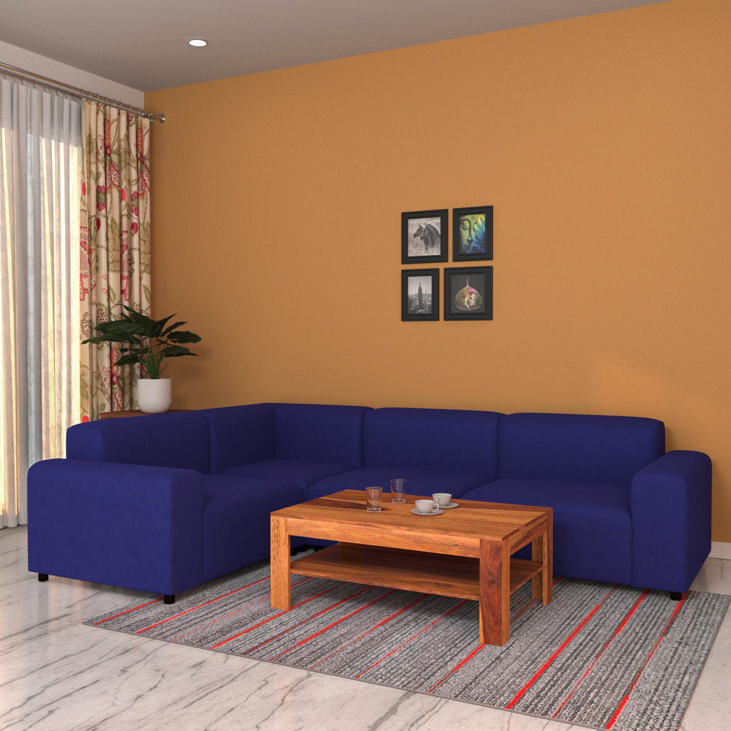 Premium Royal Blue Pastel Coloured Comfort Long L Shaped 4 Seater Sofa for Home Sofa