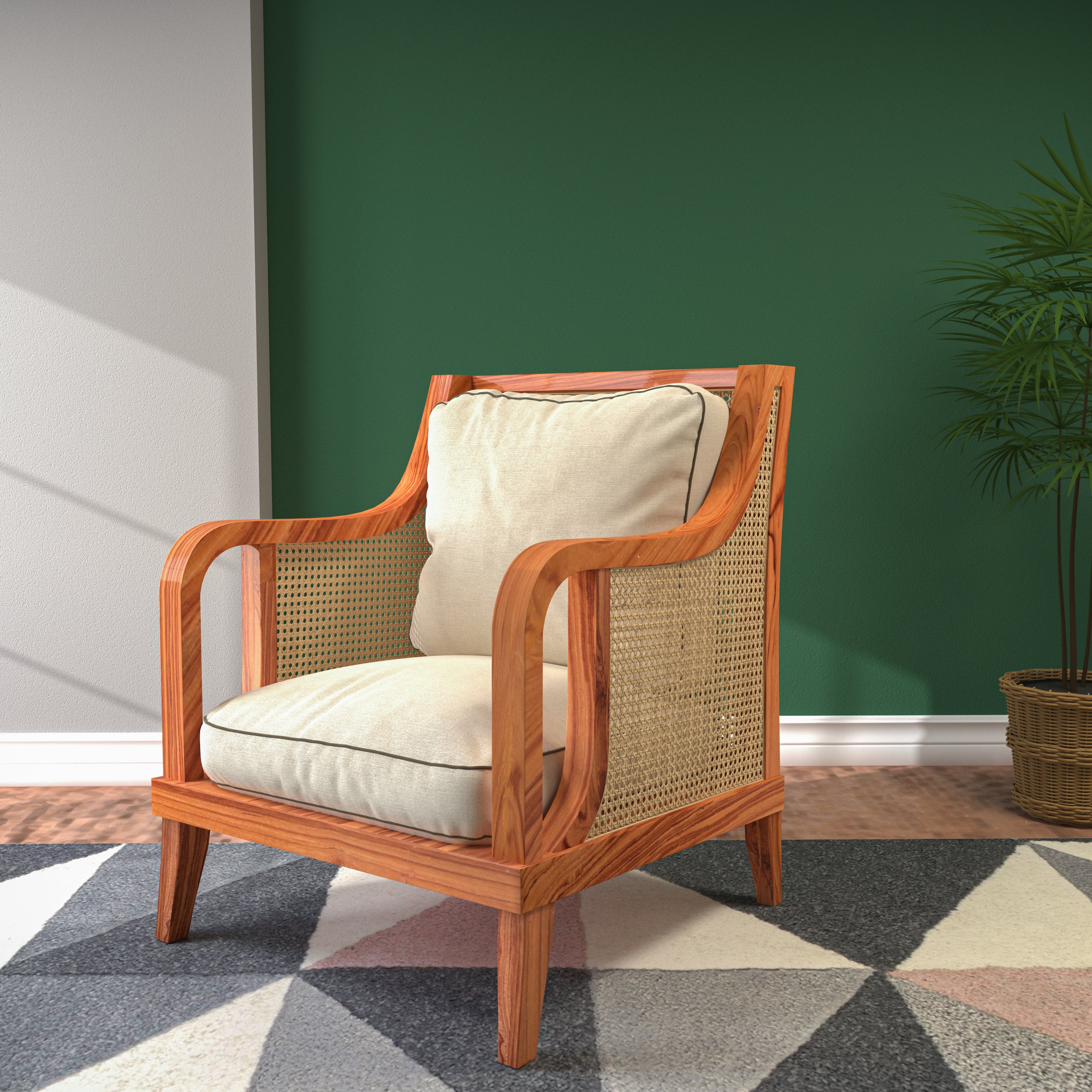 Solid Teak Comfy Upholstered Cane Chair Arm Chair
