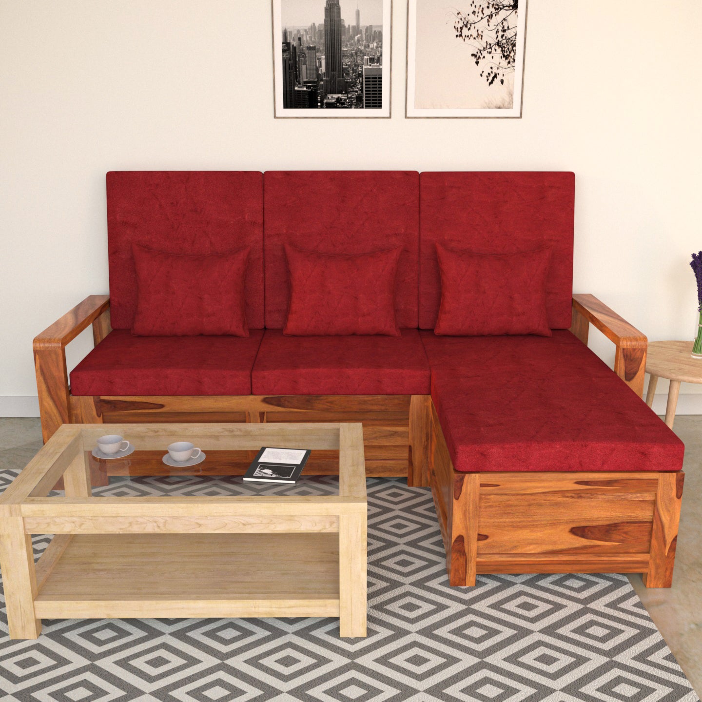 Royal Red Wooden Premium 3 Seater Sofa with Bed Storage Sofa