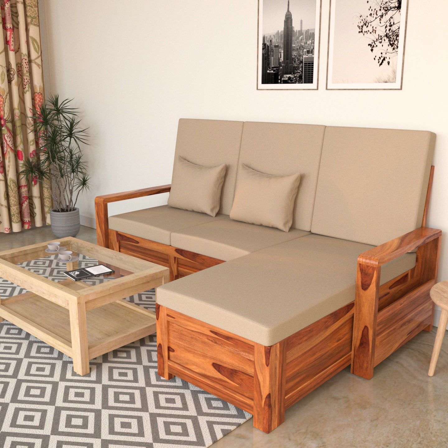 Tan Cream White Wooden Four Seater Sofa with Storage Sofa
