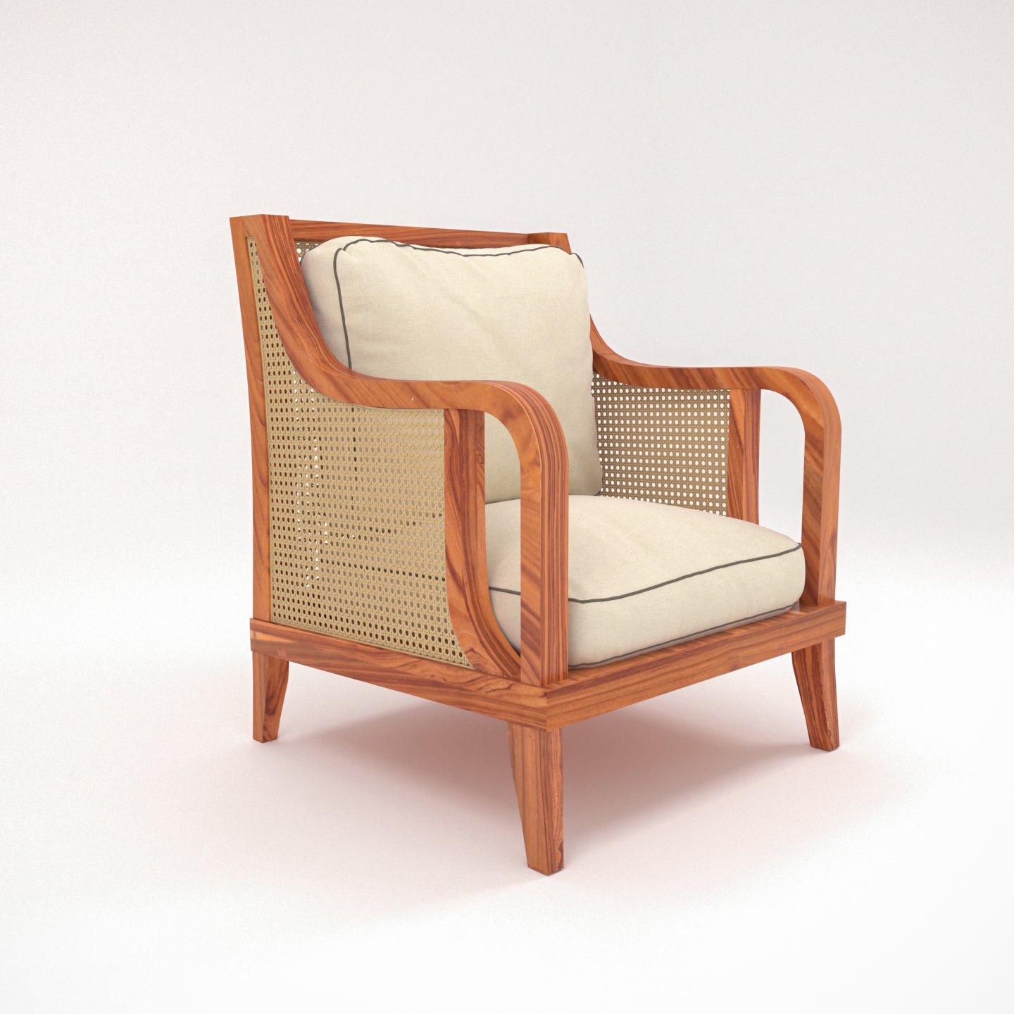 Cane Armchair with Natural Wood Finish and High-Density Foam in Cream Polyester