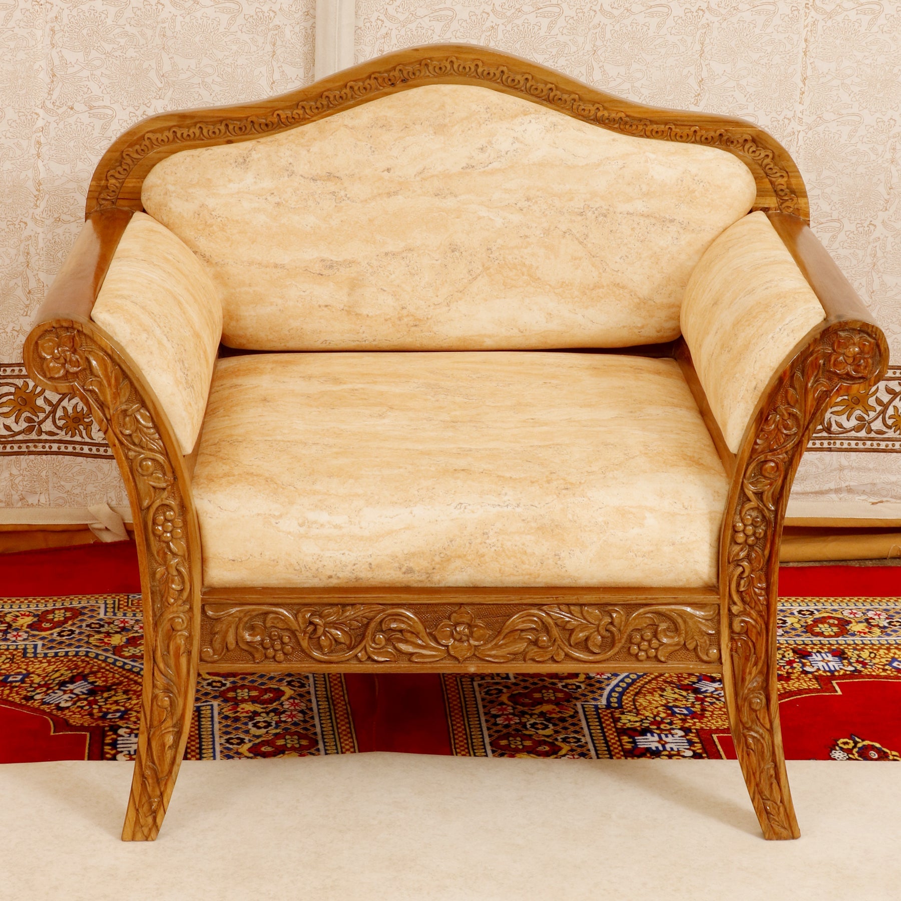Intricate carved teak wood Single seater sofa