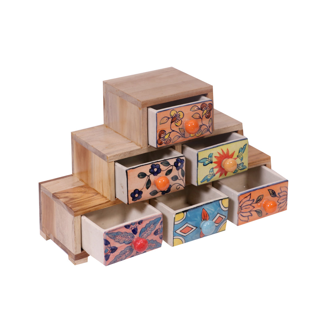 Pyramid concept teak wood ceramic drawer chest Desk Organizer