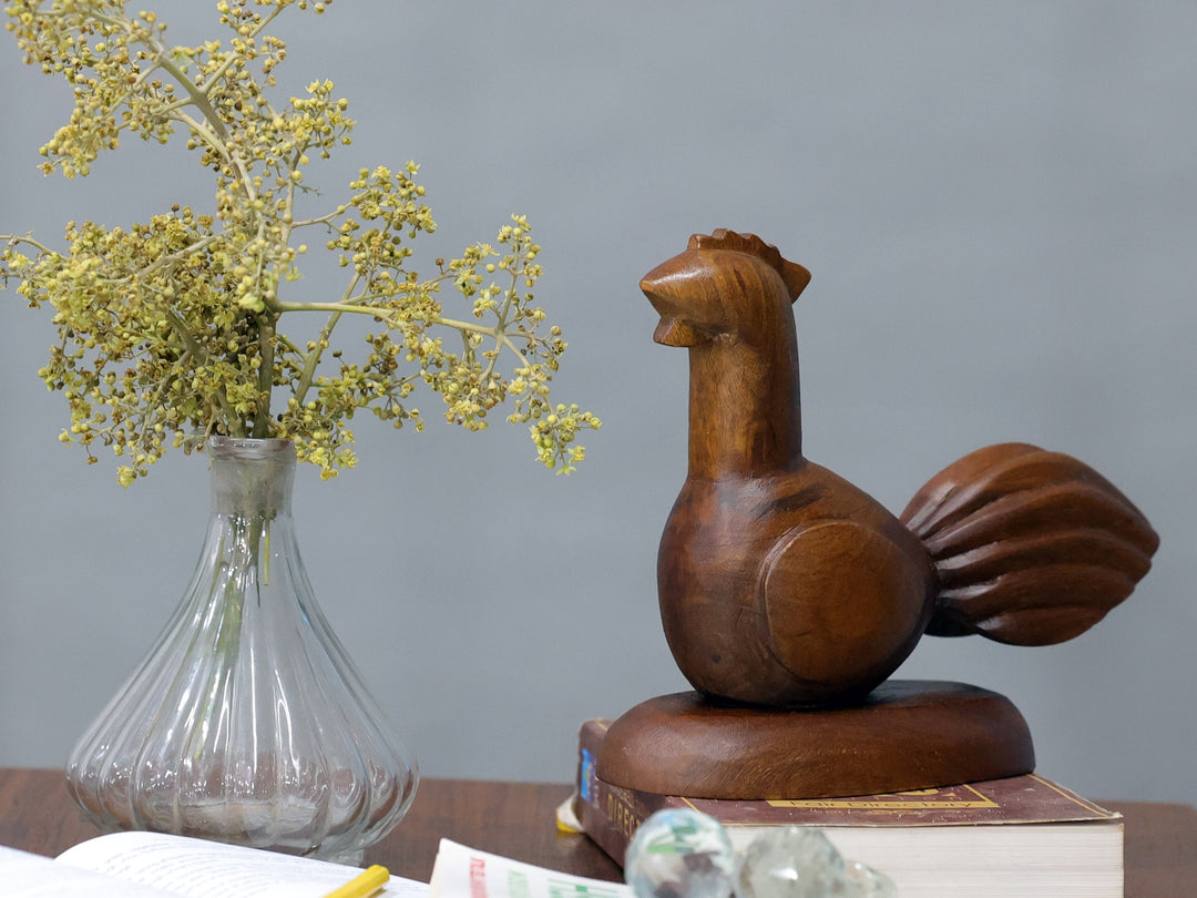 Playful Carved Wooden Rooster Figurine Animal Figurine