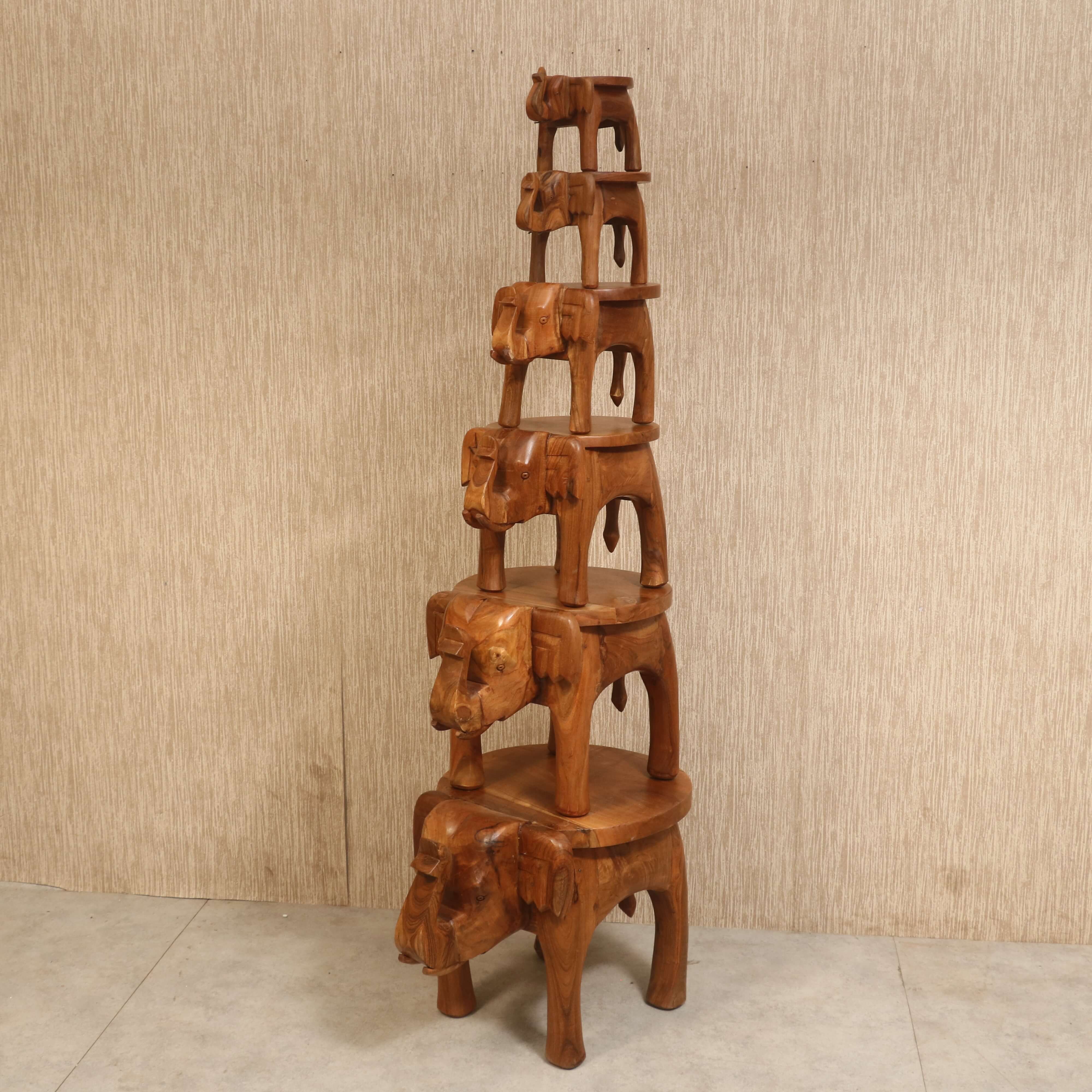 Wooden Tone Elephant Table Stand (Set of 6) Animal Figurine