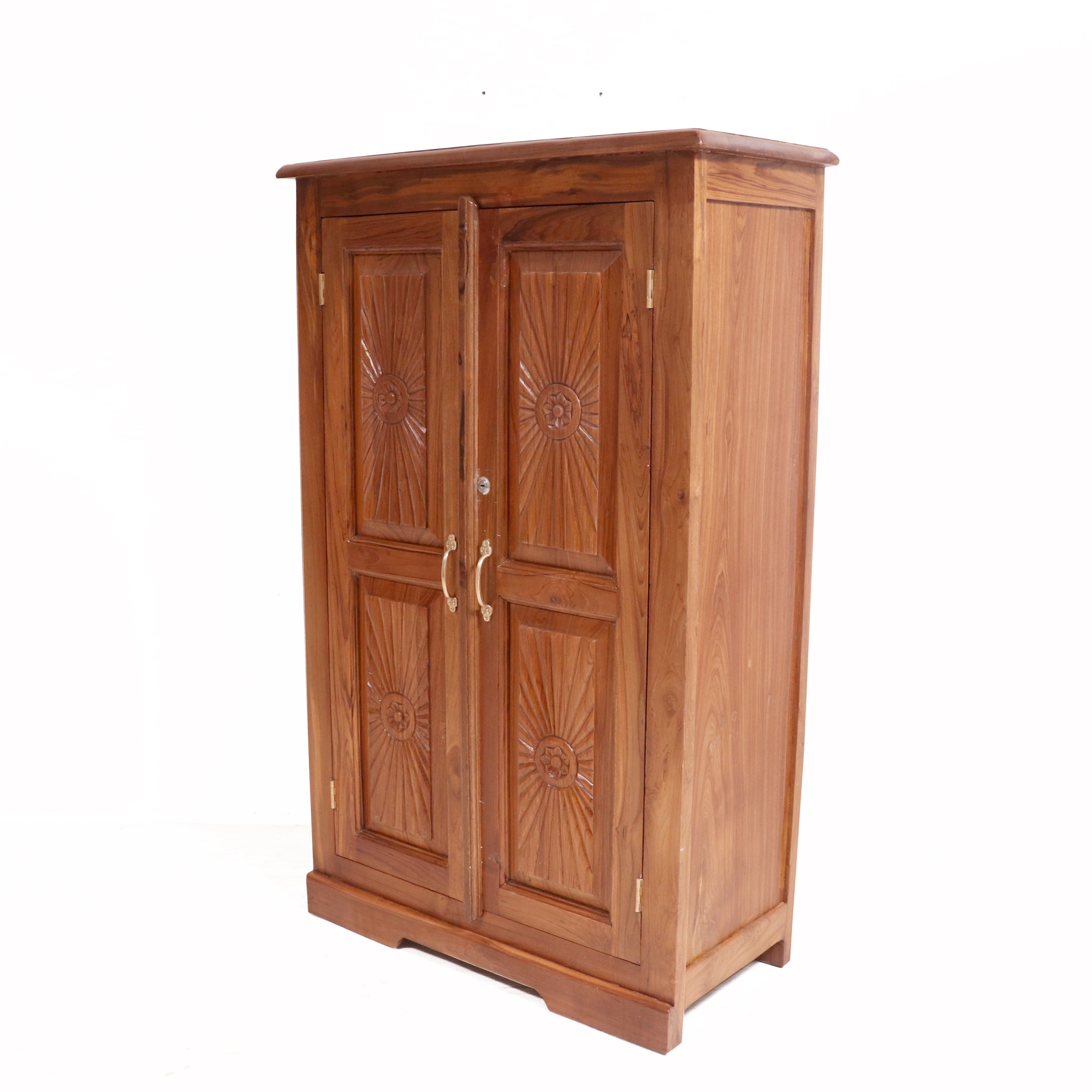 Solid beautifully carved natural tone polished Wardrobe cabinet Wardrobe