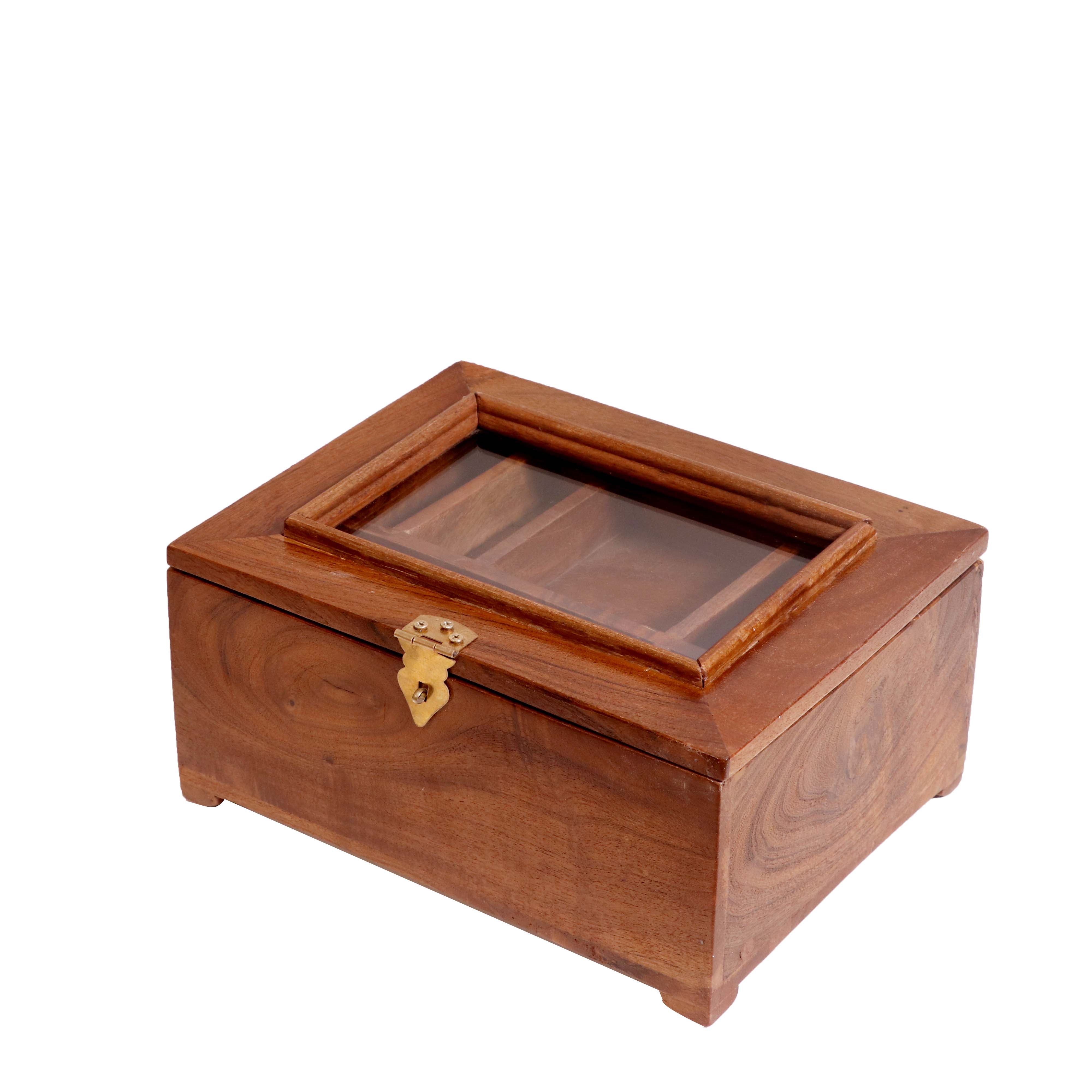 Multi compartment Solid wood glass lid removable Tray Wooden Box