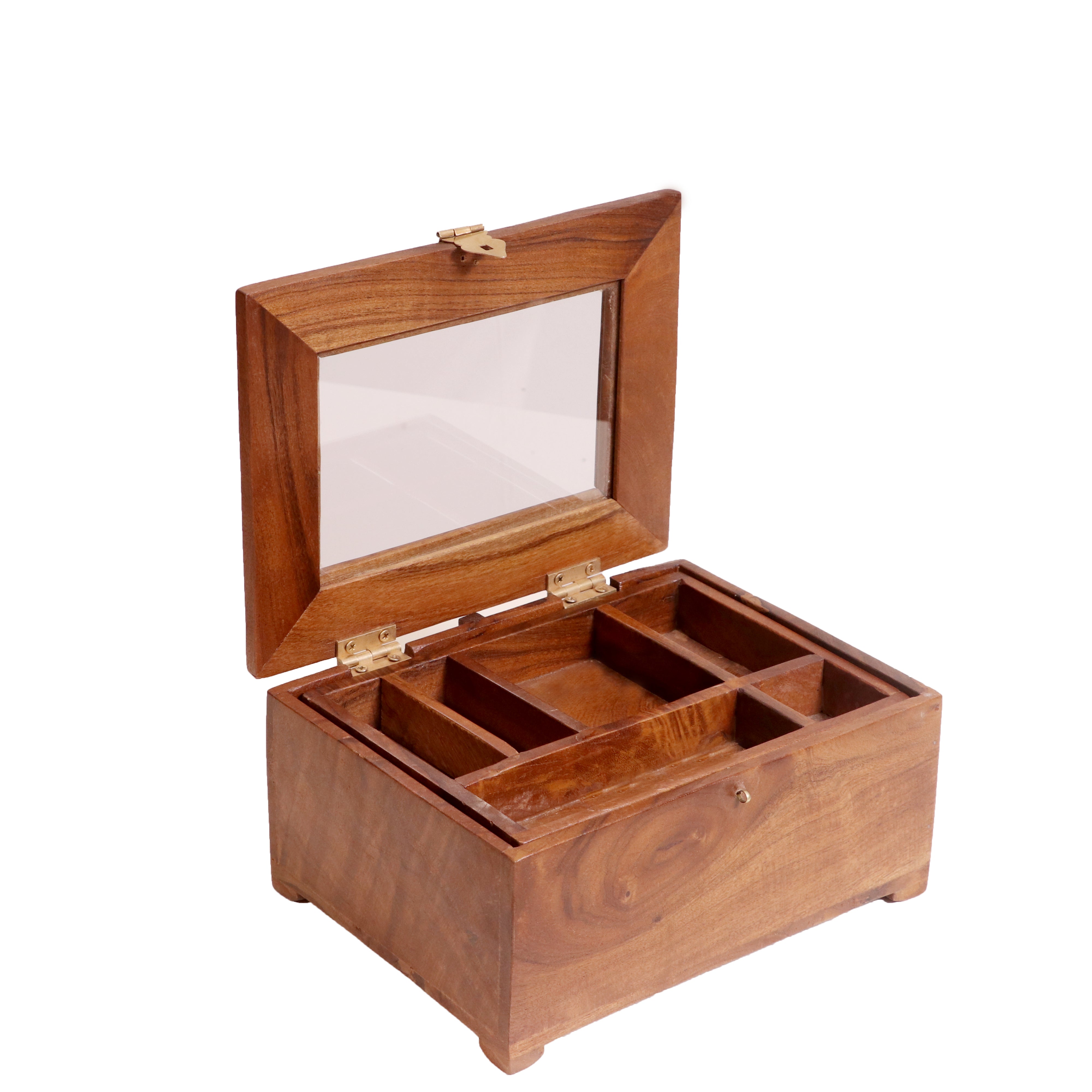 Multi compartment Solid wood glass lid removable Tray Wooden Box