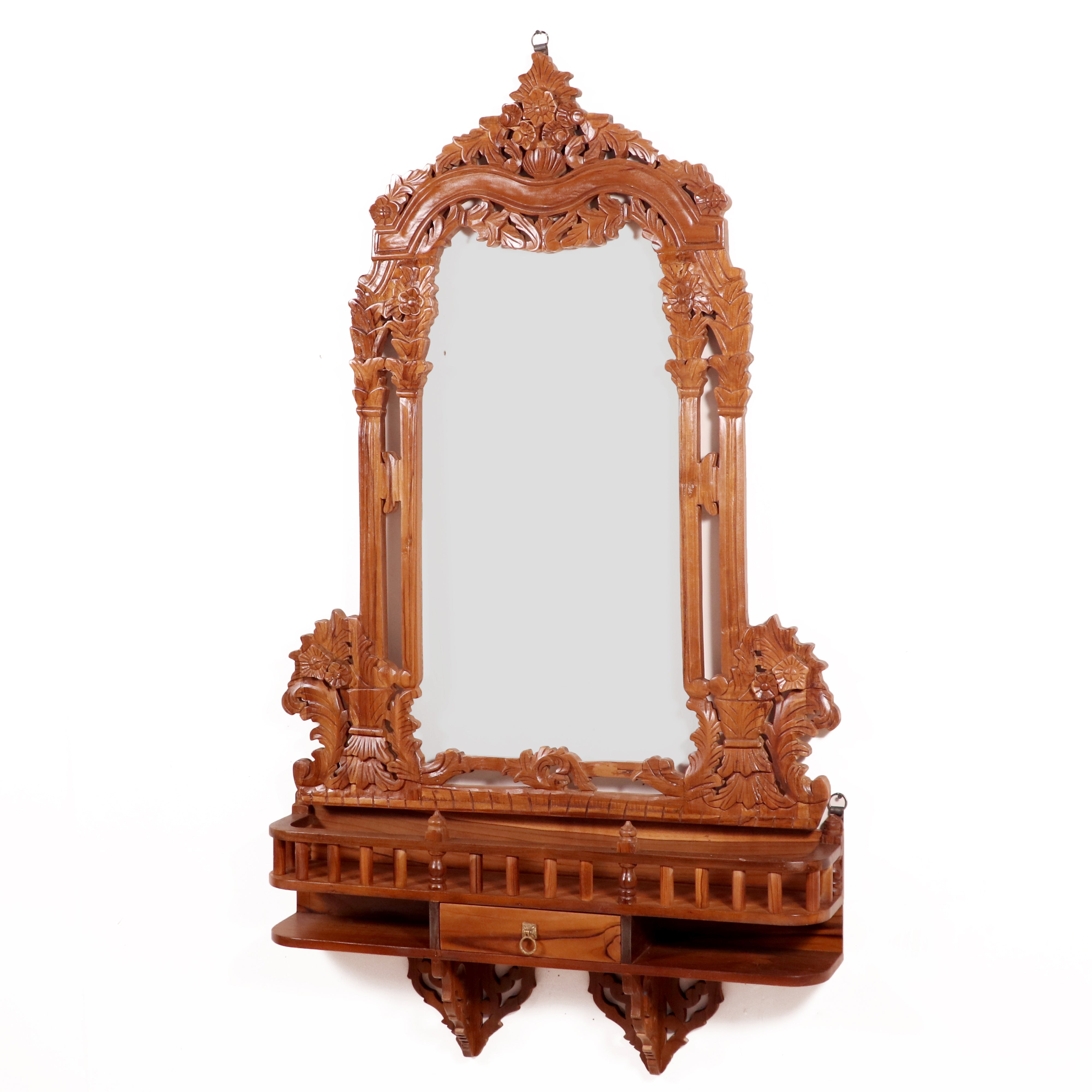 Traditional Teak Southern Minar Inspired Mirror Frame with 1 Drawer Mirror