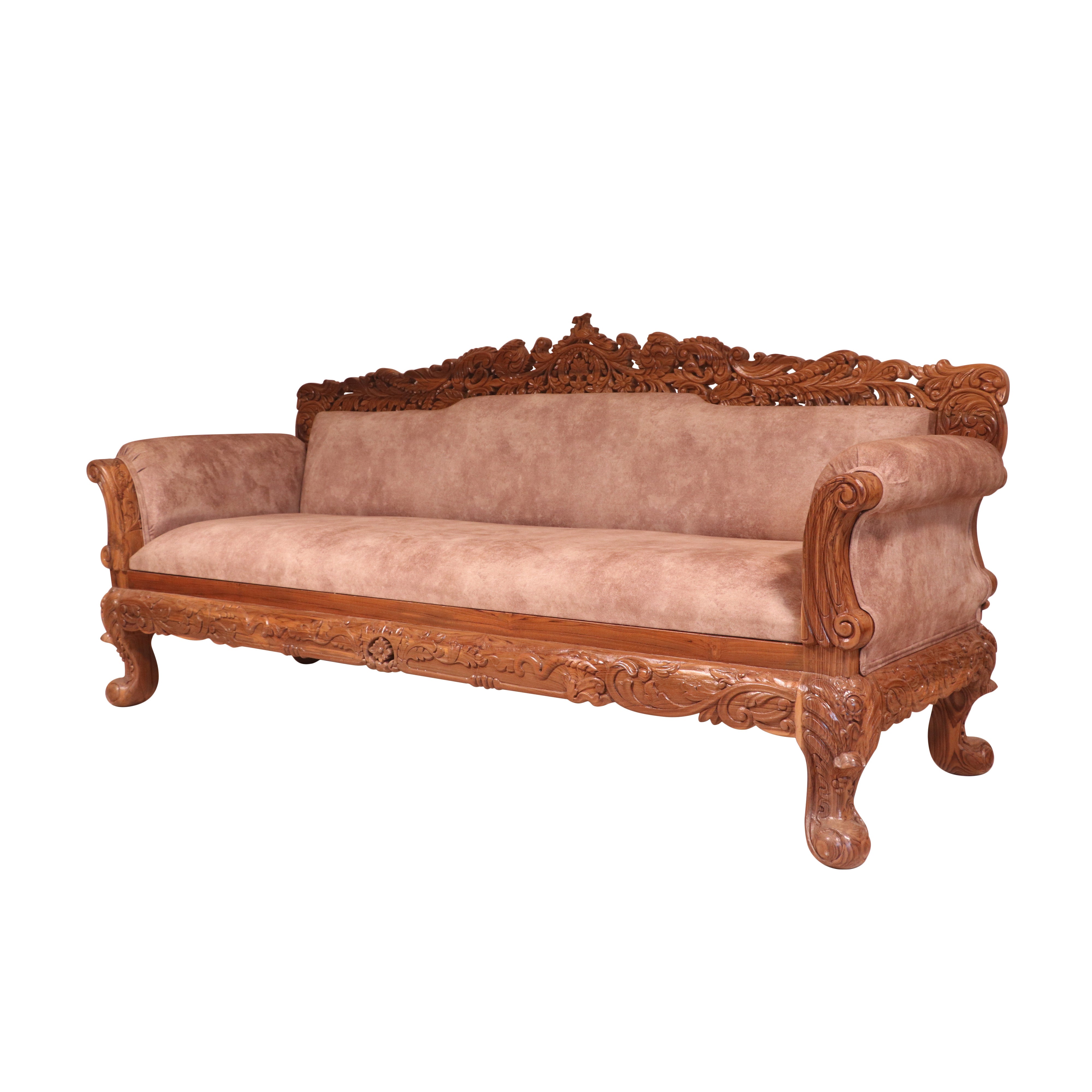 Light Finish Royal Carved Teak Wood 3 Seater Sofa