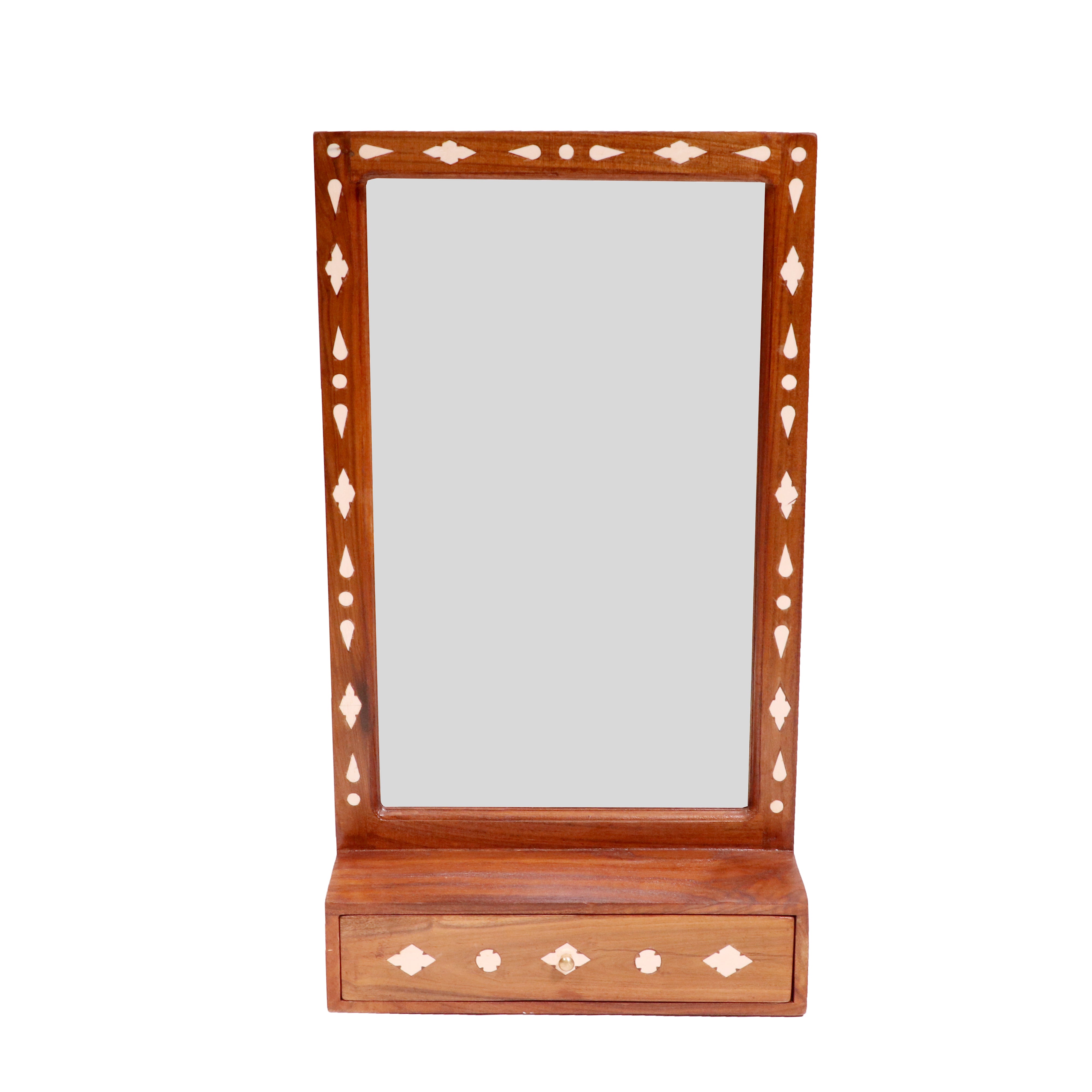 Natural Rustic Inlay Border Designed Wooden Handmade Mirror with Single Drawer Mirror