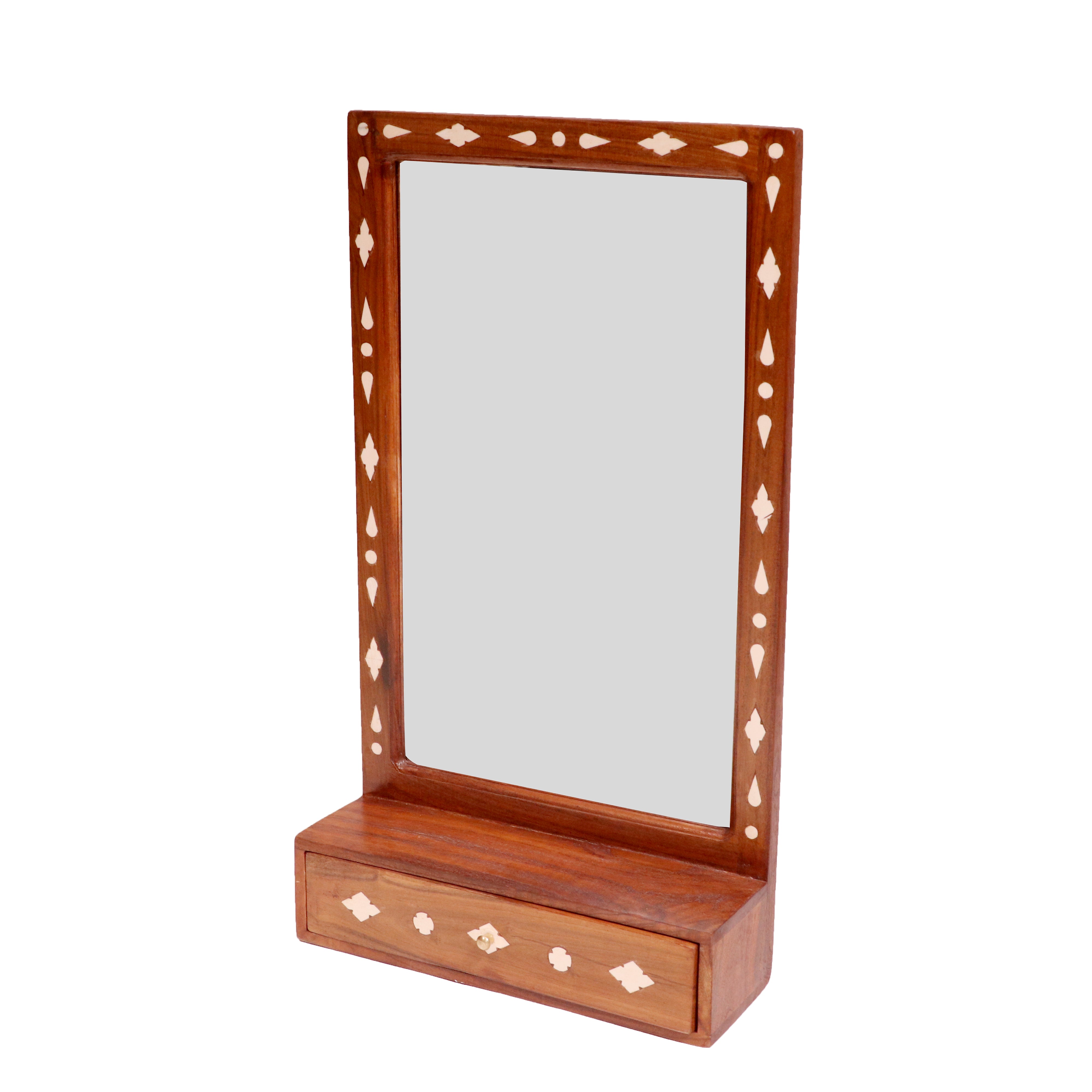Natural Rustic Inlay Border Designed Wooden Handmade Mirror with Single Drawer Mirror