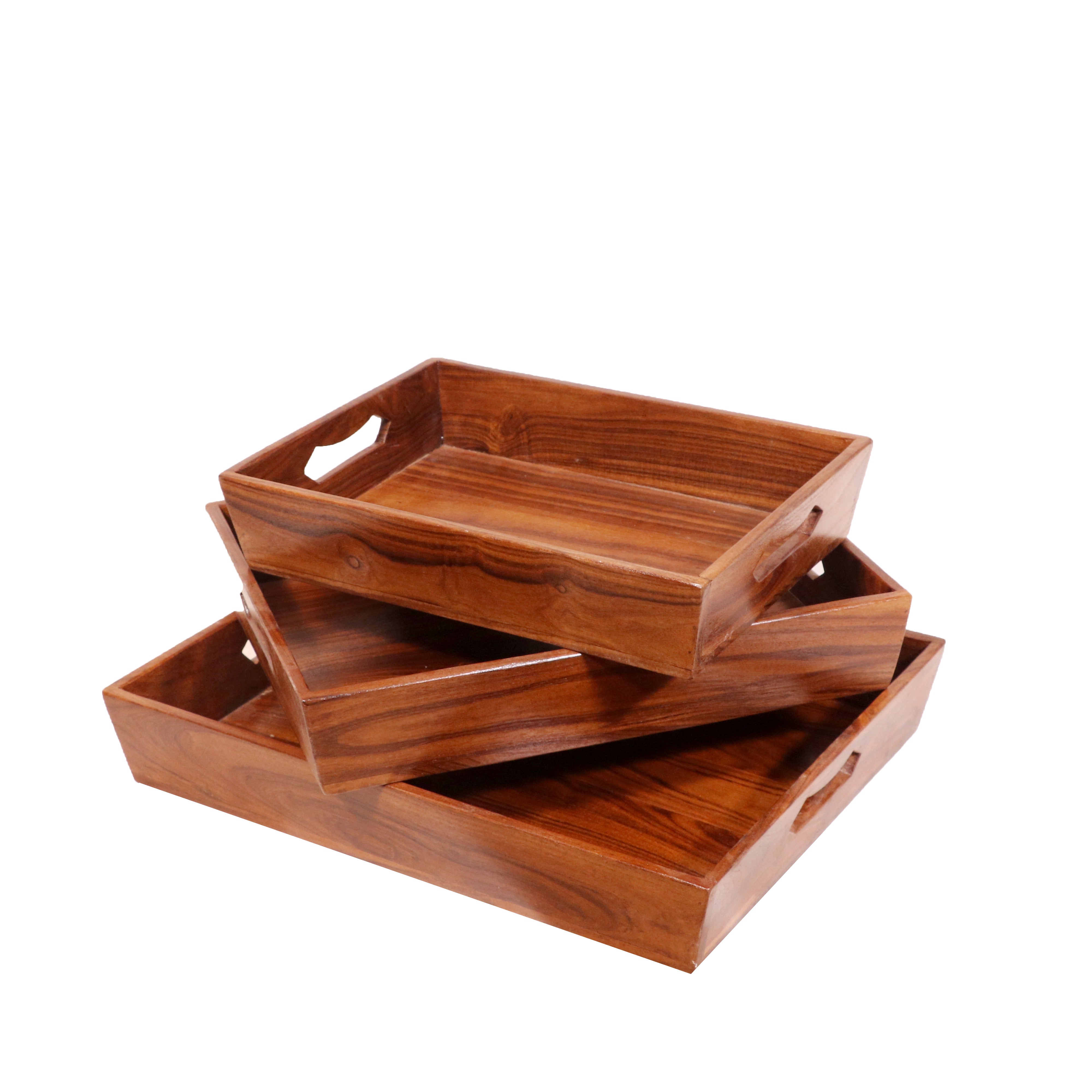 Glorious Natural Finish Wooden Handmade Tray - Set of 3 Tray