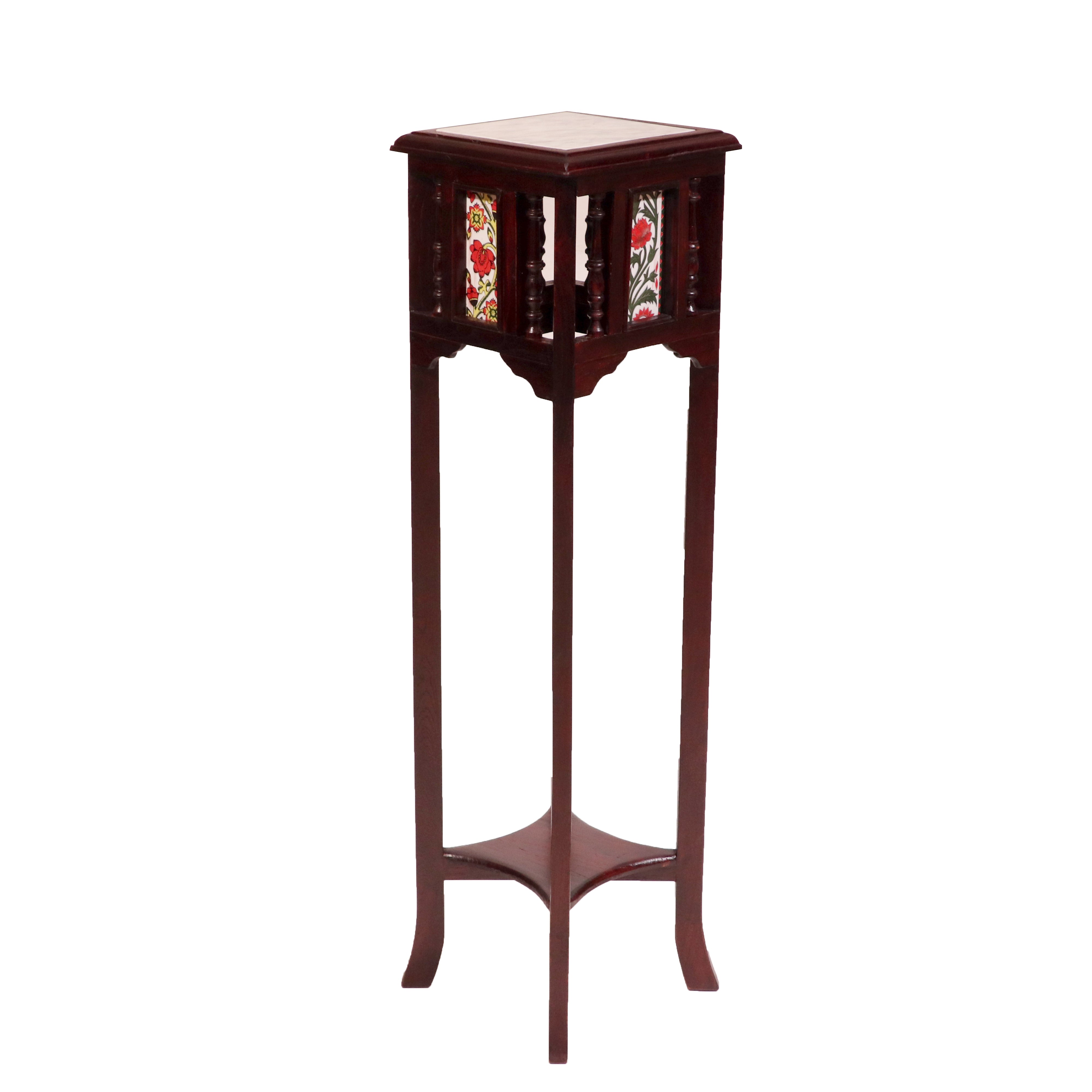 Teak ceramic tile end table with marble top 11 x 11 x 42 Inch End Table