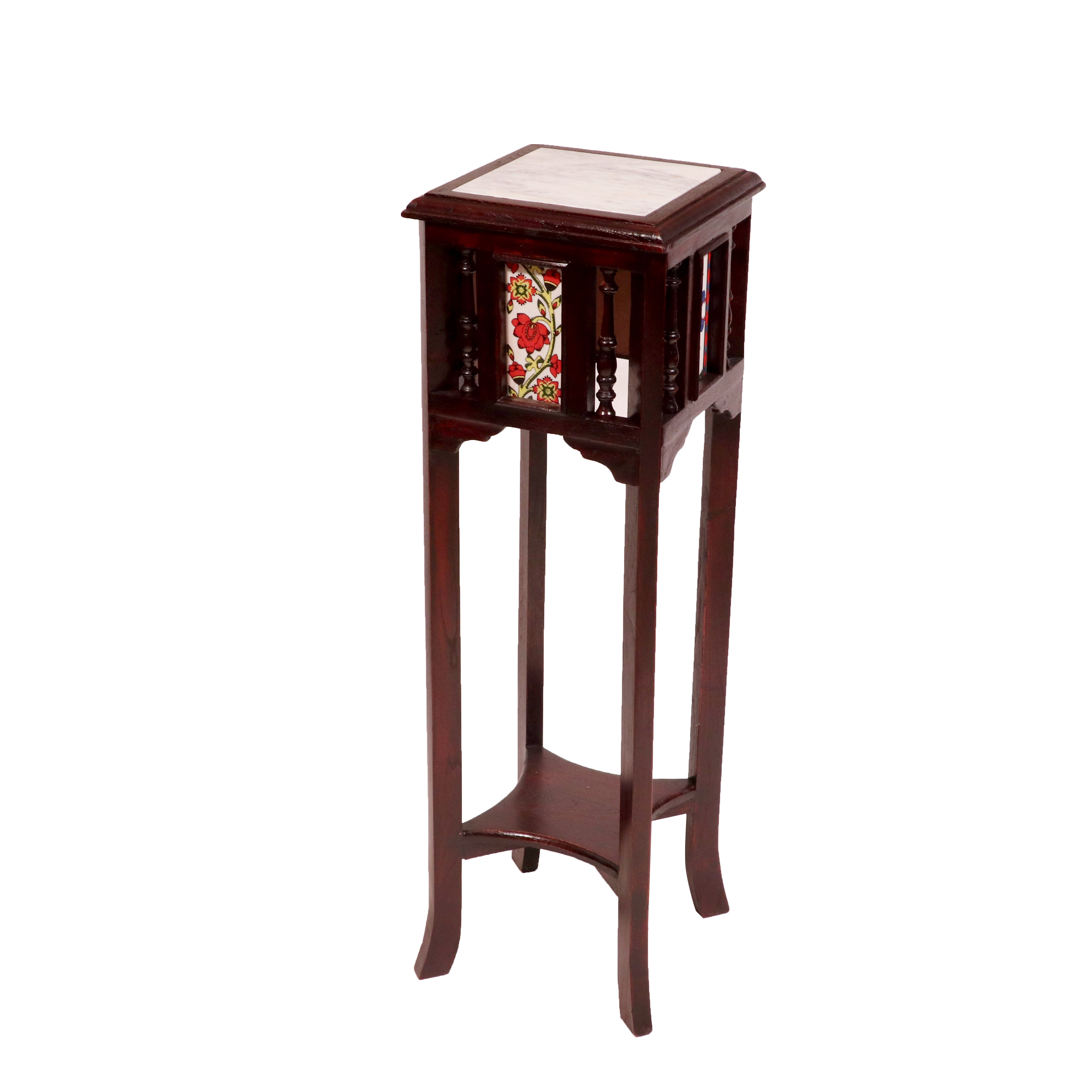 Teak ceramic tile end table with marble top 11 x 11 x 36 Inch End Table