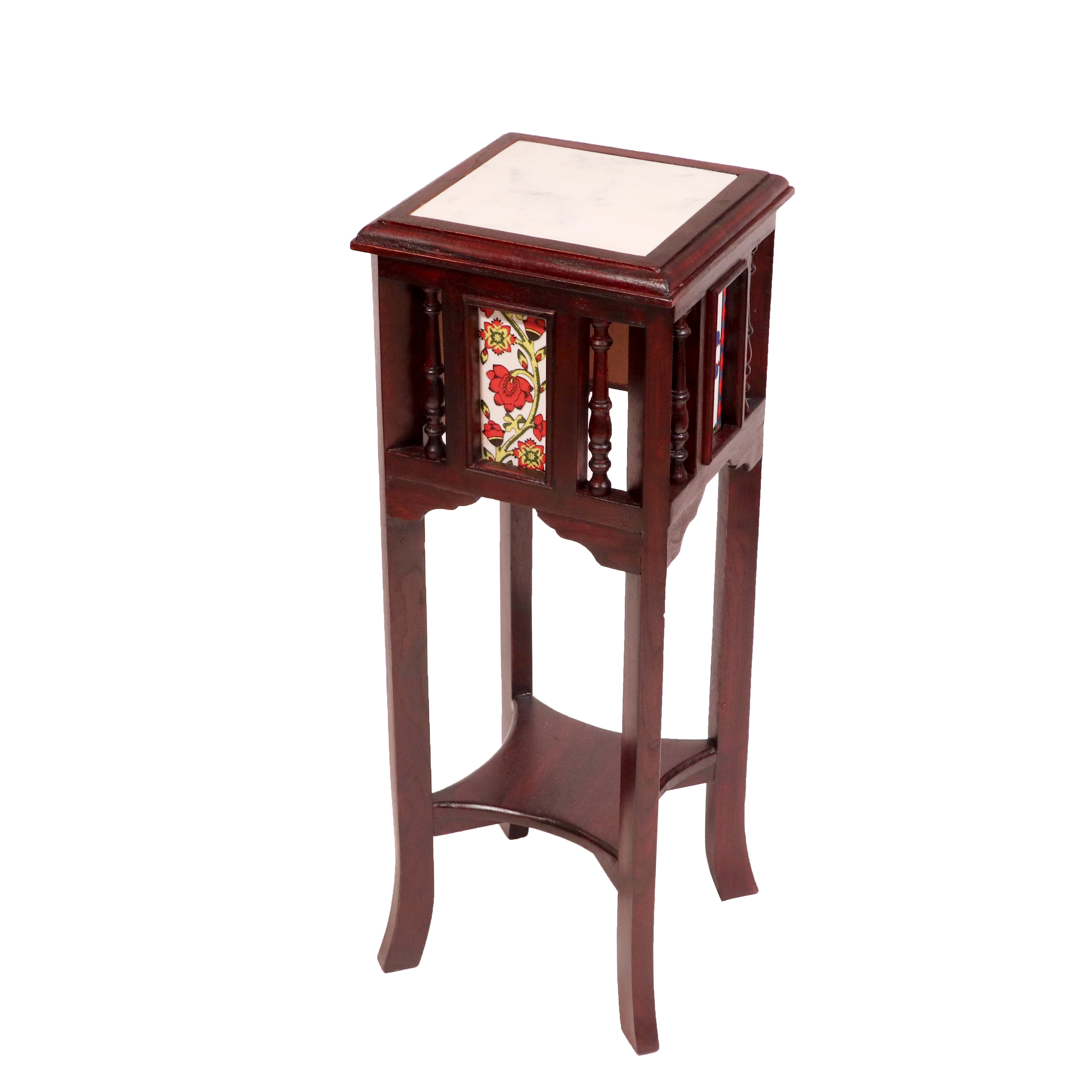 Teak ceramic tile end table with marble top 11 x 11 x 30 Inch End Table