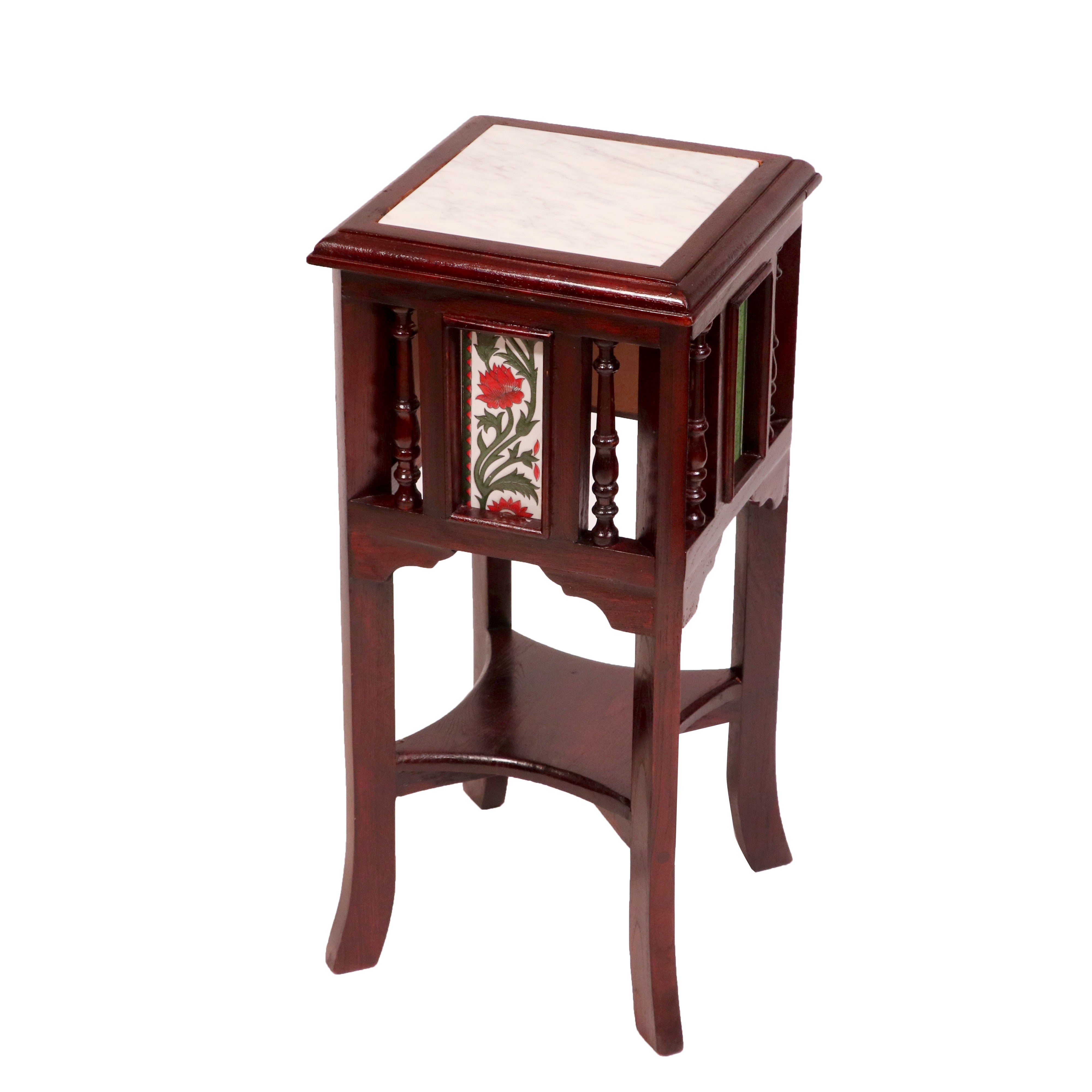Teak ceramic tile end table with marble top 11 x 11 x 24 Inch End Table
