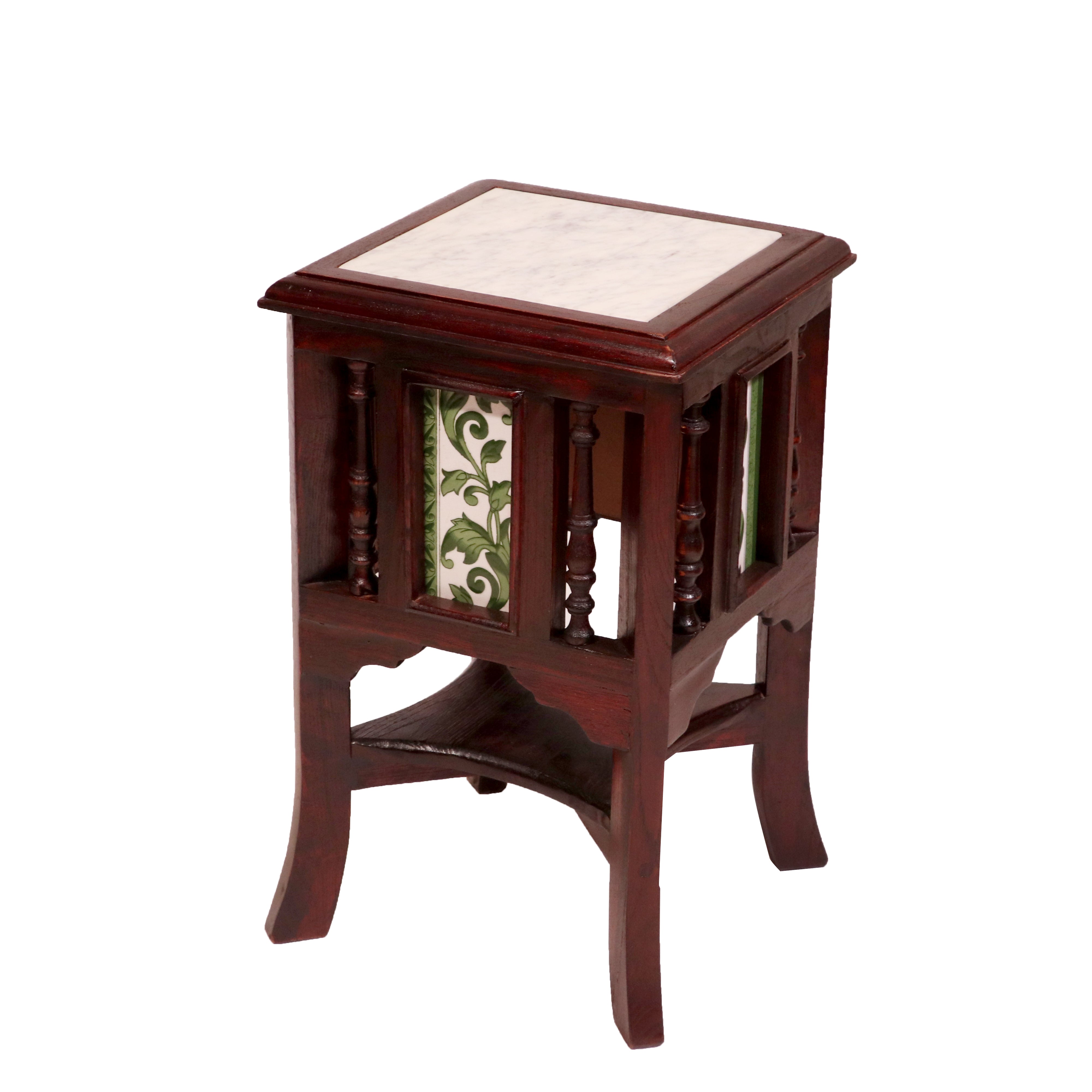 Teak ceramic tile end table with marble top 11 x 11 x 18 Inch End Table