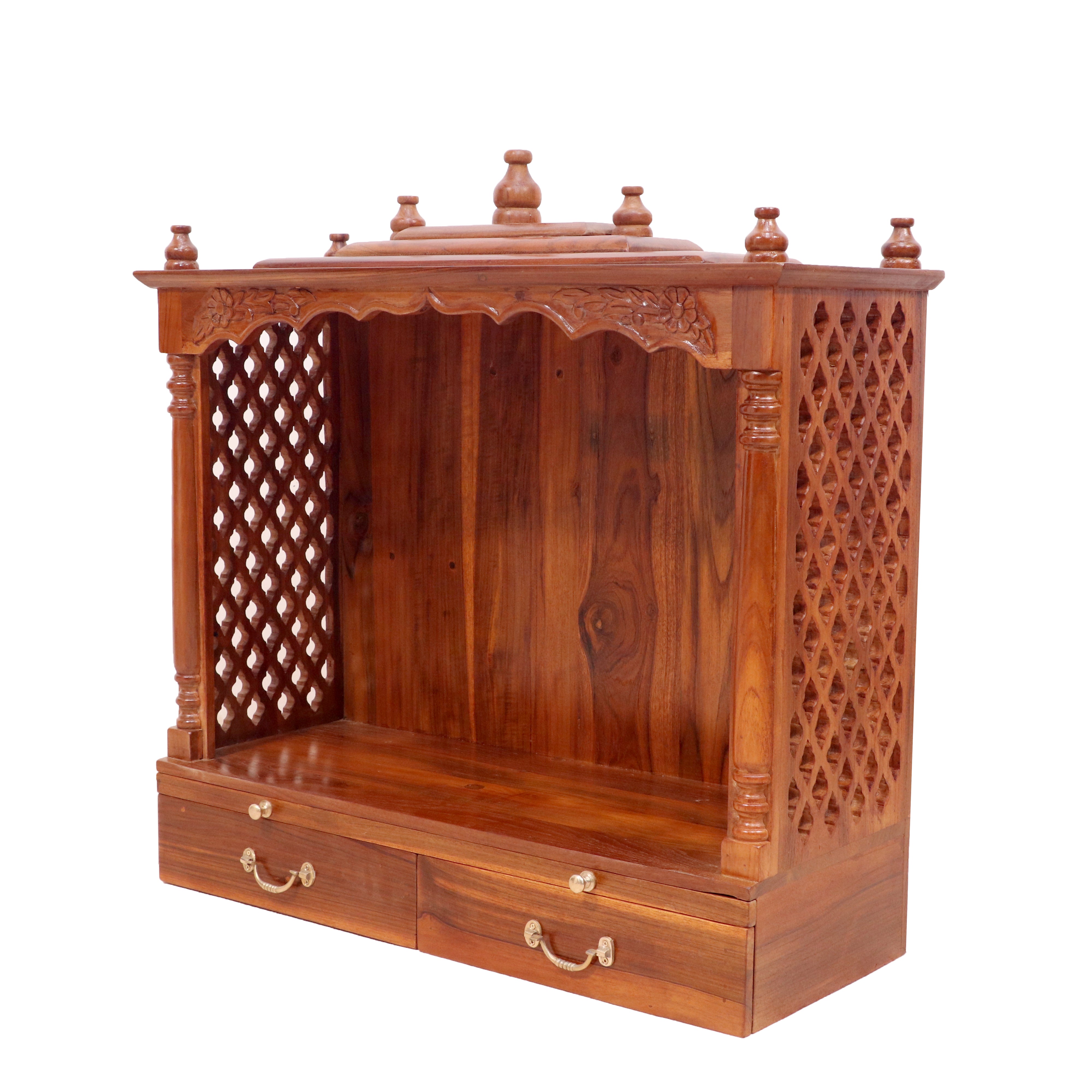 Solid teak wide Jali temple with 2 Drawers & 2 Tray Temple
