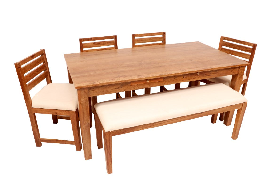 6 Seater Teak wood dining table with 4 chair & 1 Bench Dining Set
