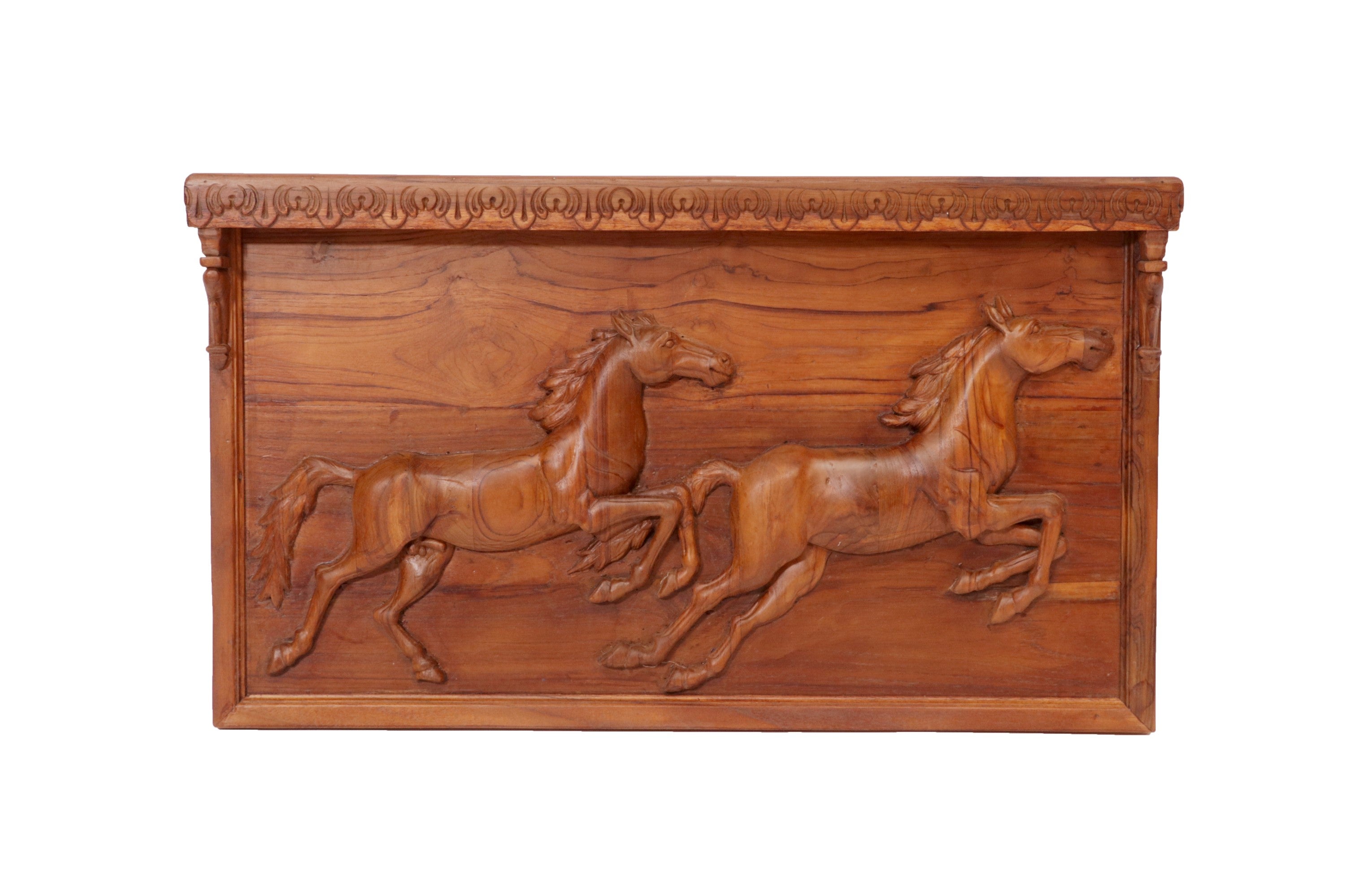 Running Horse Wall Decor Teak Frame Wooden Painting