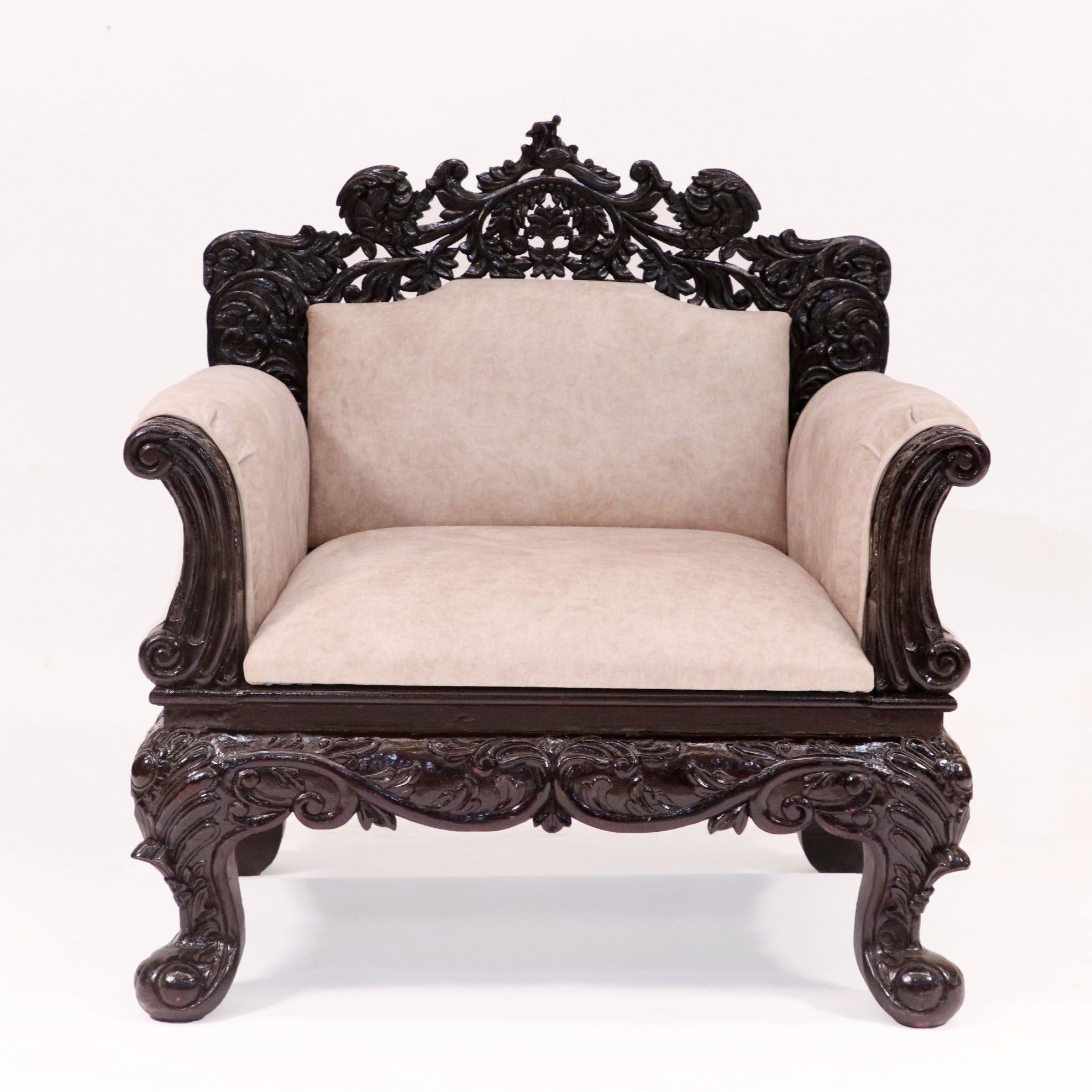 Luxurious Royal Carved Teak Wood Single Seater Sofa Exquisite