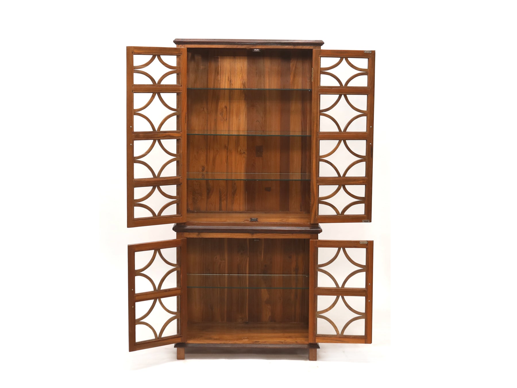 2-Part and 4-Shelf Designer Teak Glass Doors Cabinet