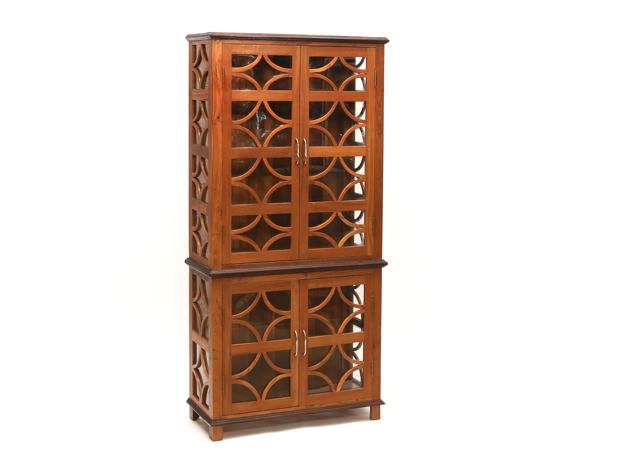 2-Part and 4-Shelf Designer Teak Glass Doors Cabinet
