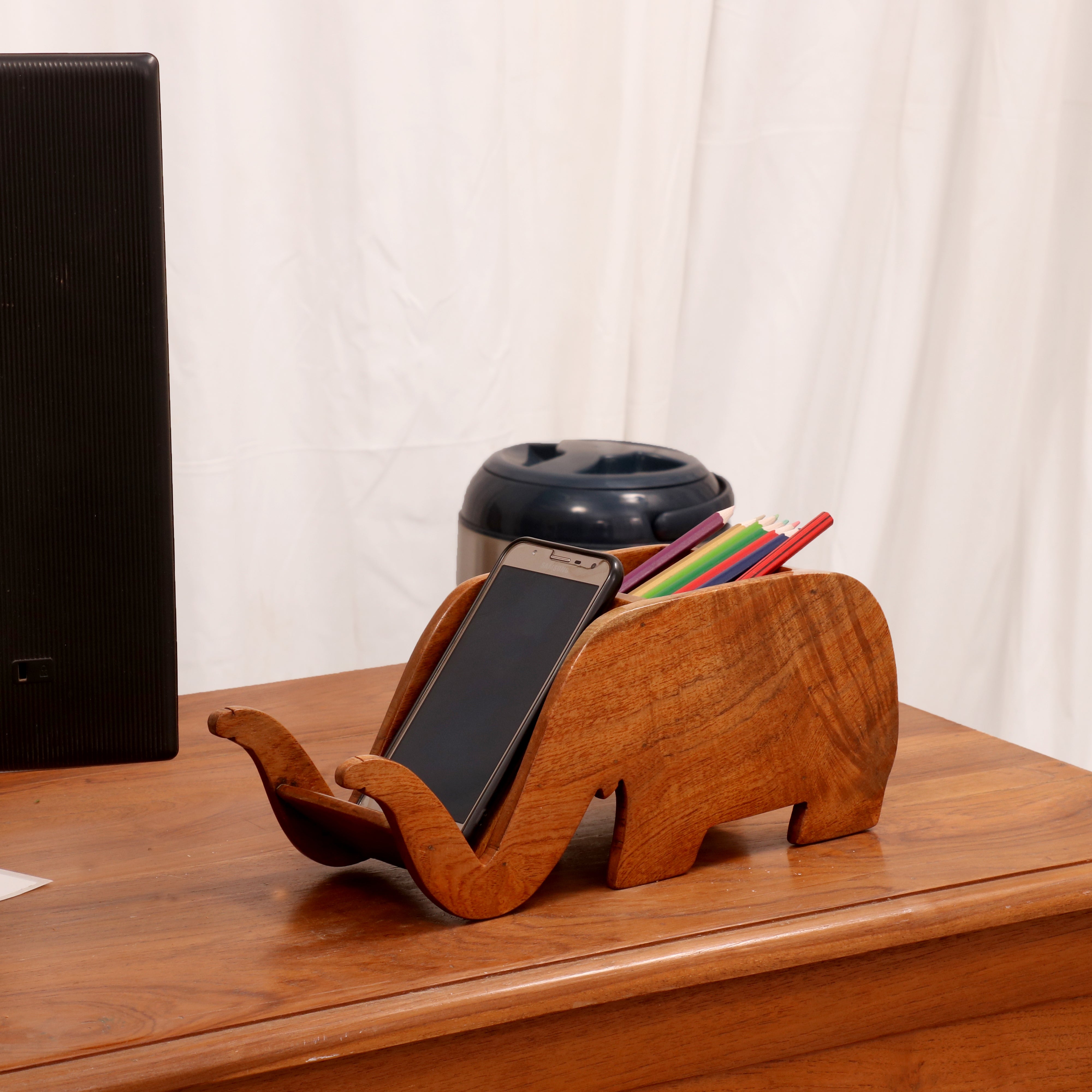 Elephant Pen Holder with Mobile Stand Natural Tone Desk Organizer