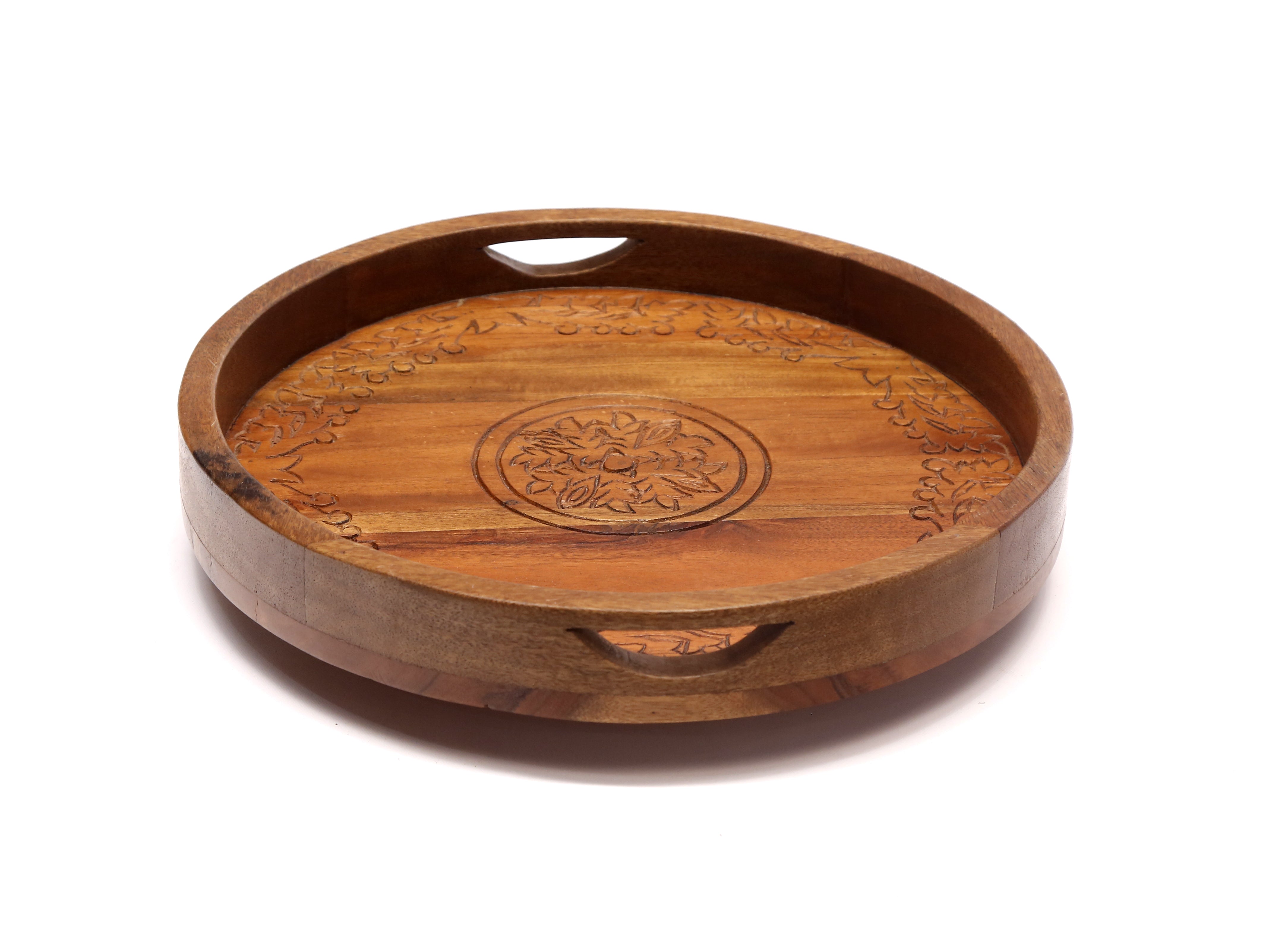 Compact Round Stenciled Wooden Tray Tray