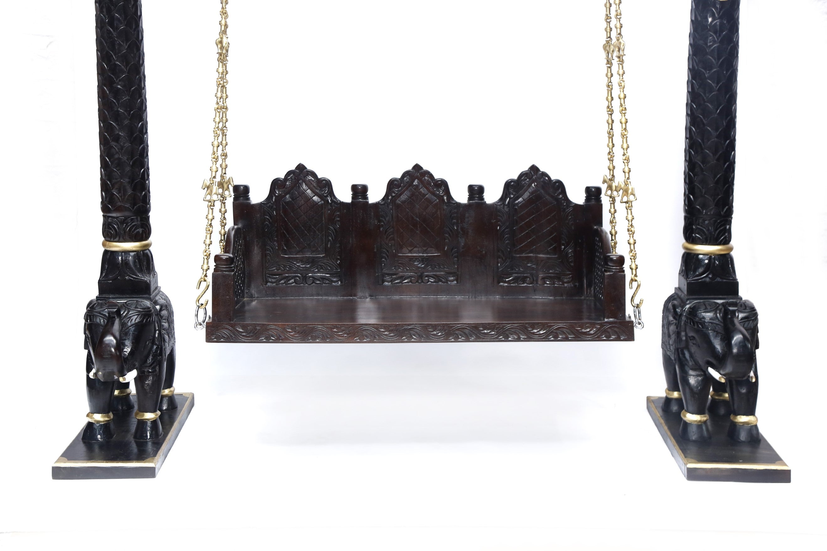 Wooden Brass Chain Royal Carved Elephants pillar Swing swing